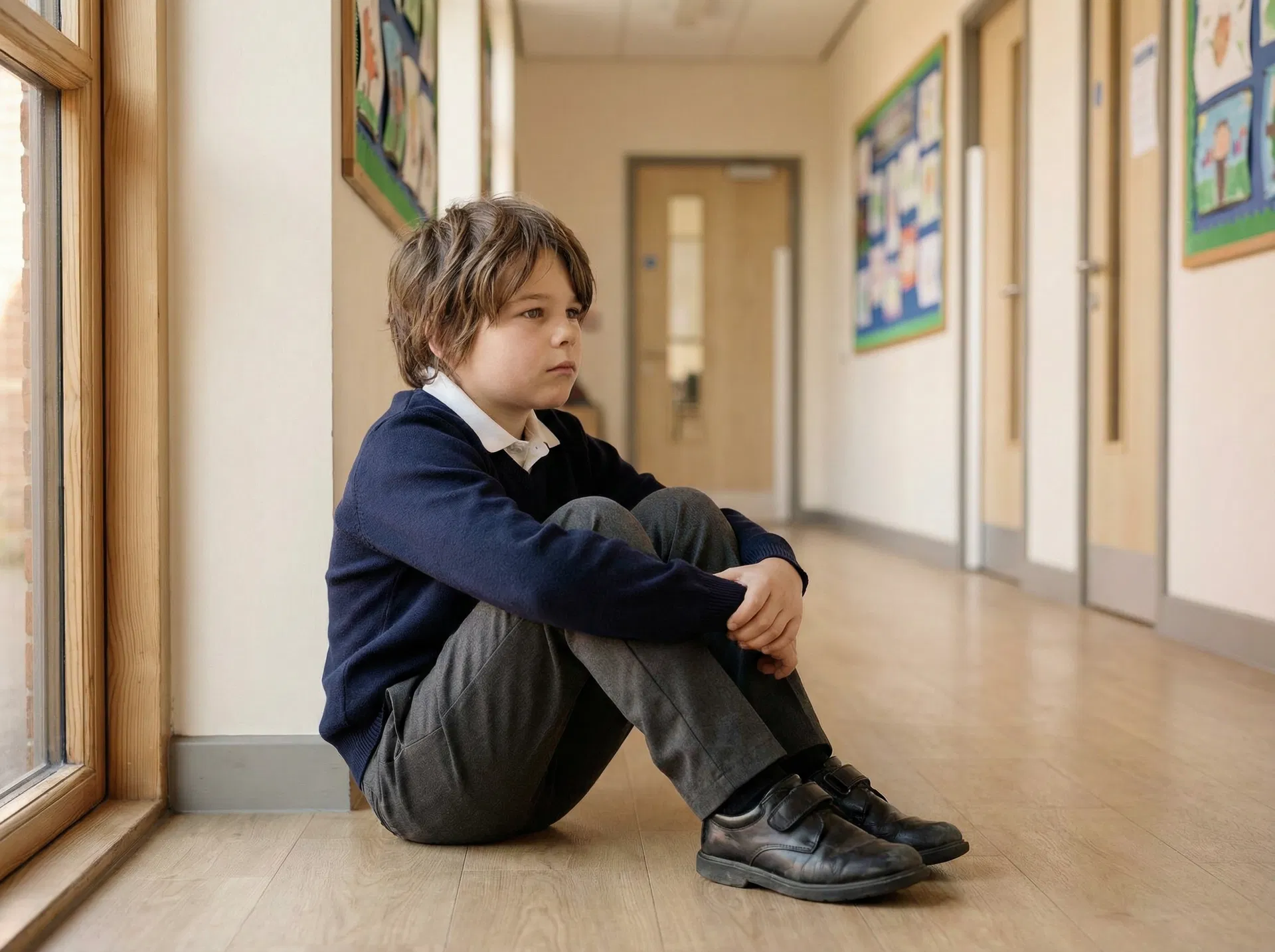 A child sitting thoughtfully in a school corridor