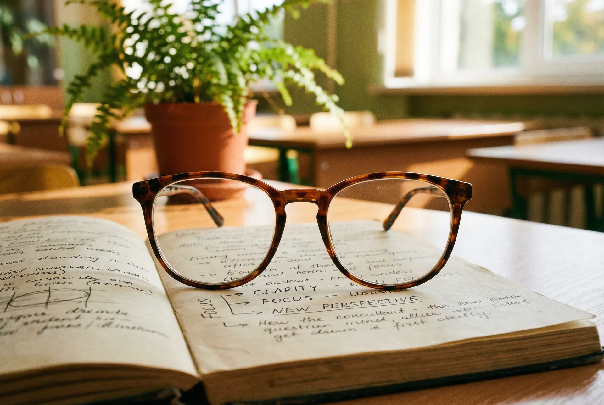 Glasses resting on a notebook — seeing through new lenses