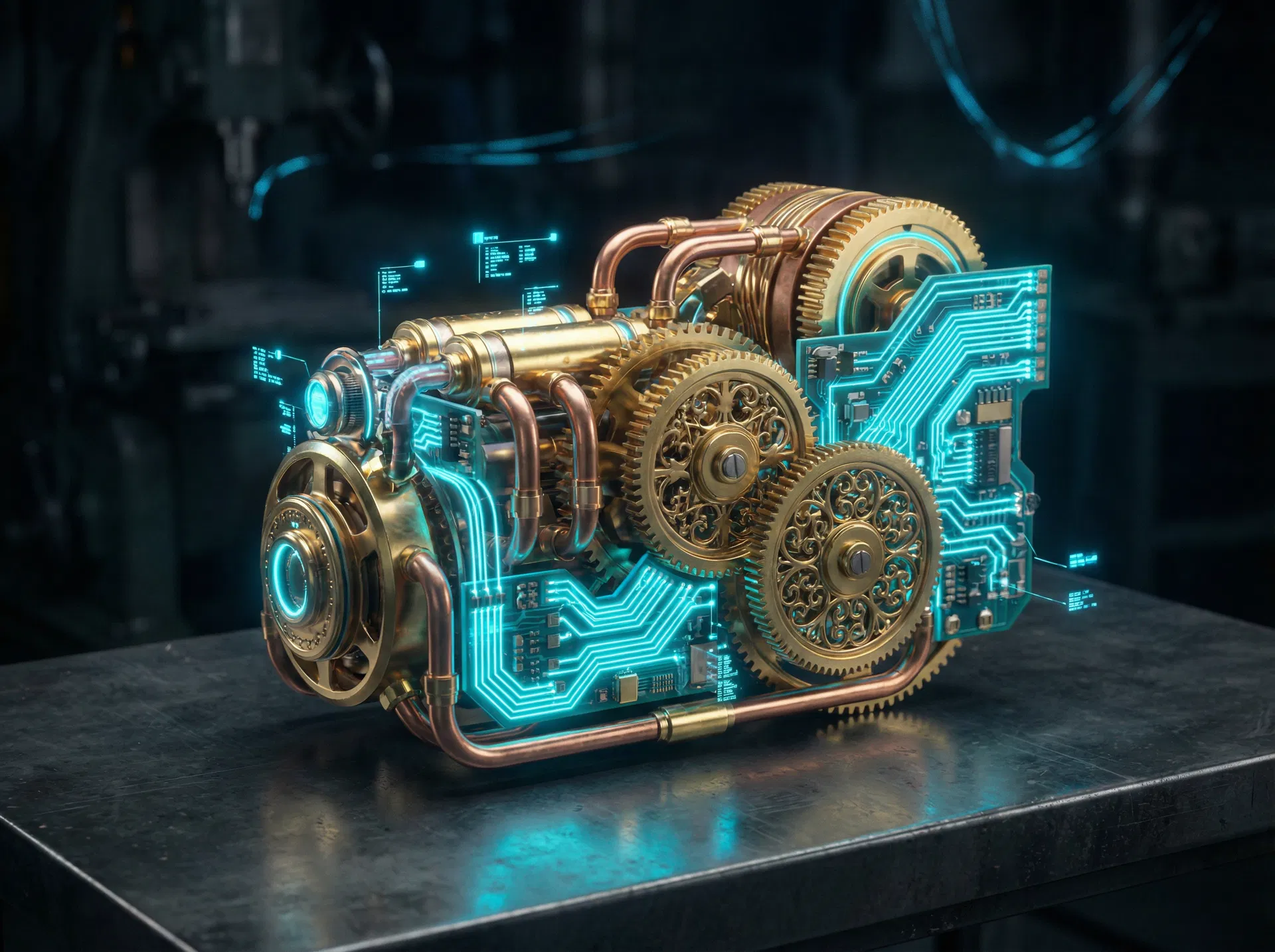 Steampunk-AI hybrid mechanism — brass gears interlocked with glowing circuit traces