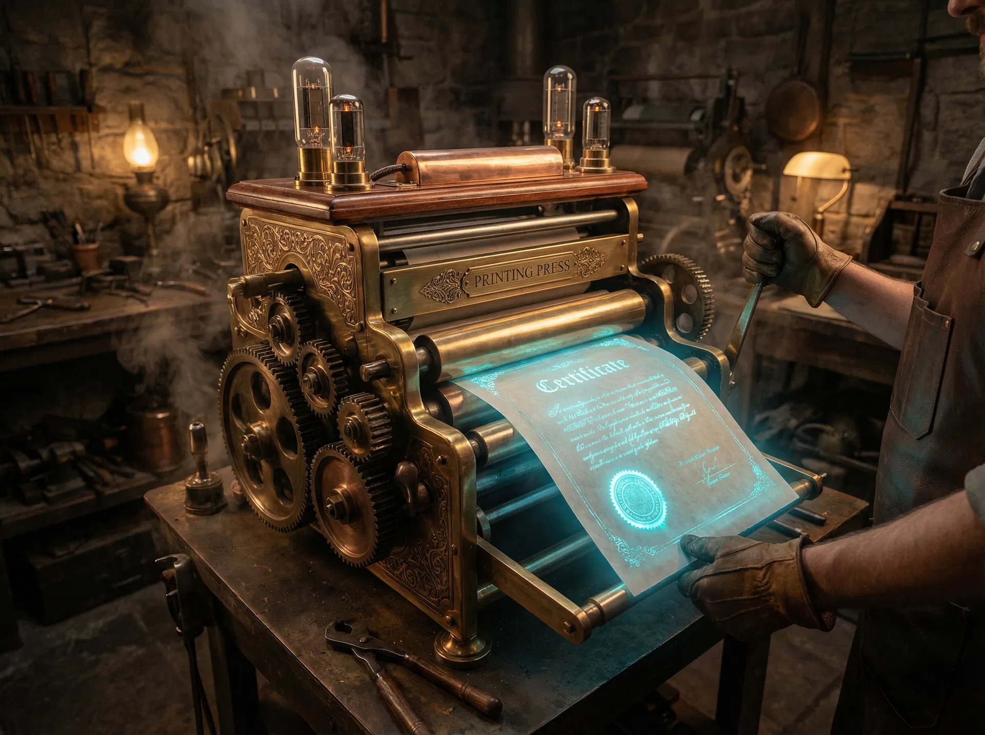 CertifyEngine — steampunk certificate printing machine