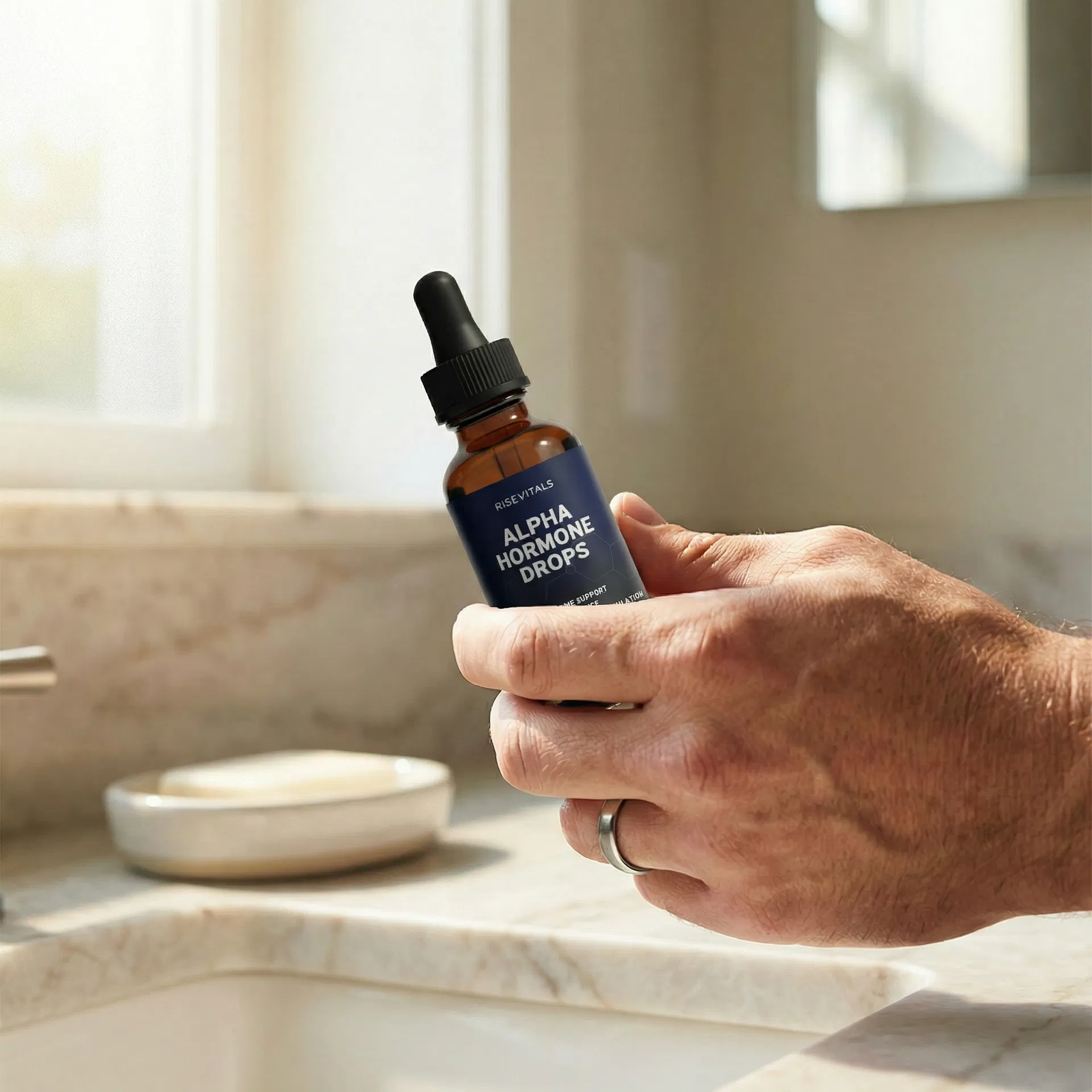 Man holding Alpha Hormone Drops