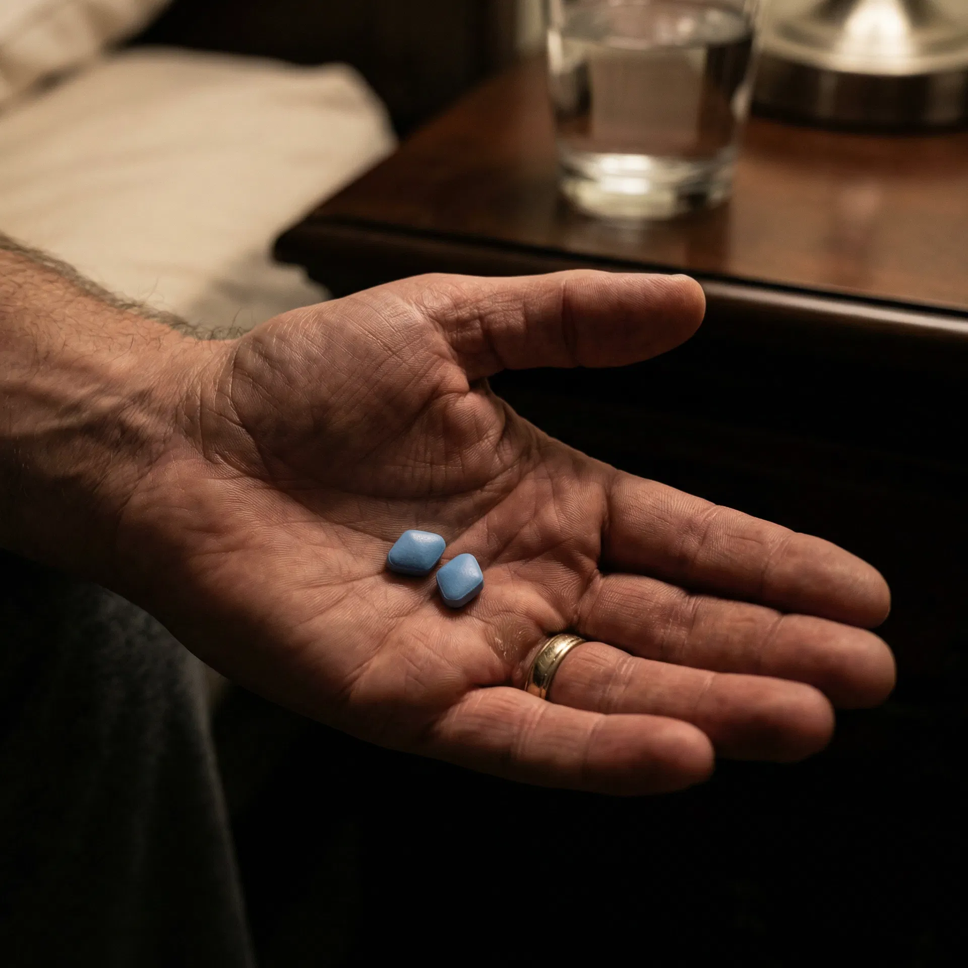 Man holding blue Viagra pills