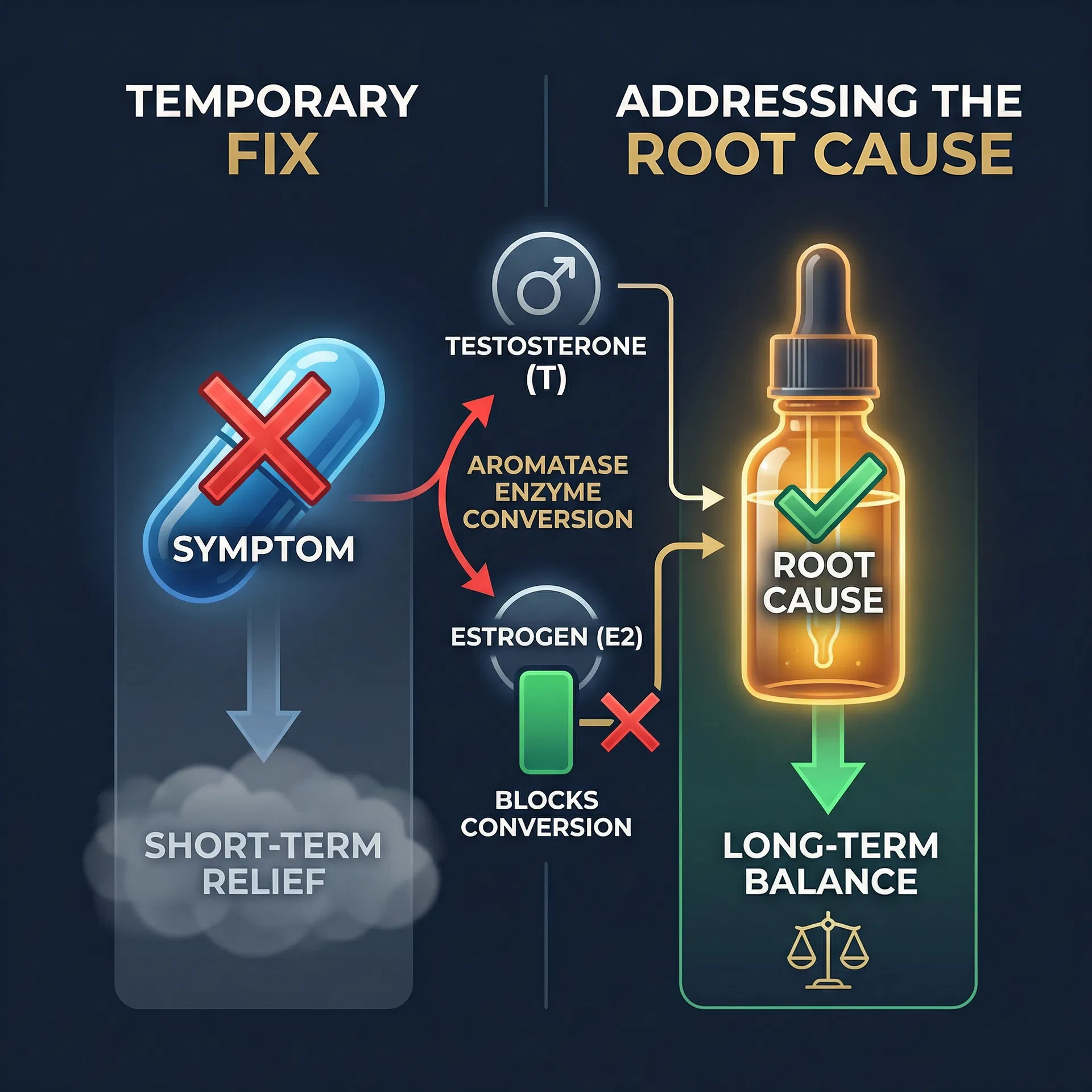 Root cause diagram — aromatase converting testosterone to estrogen