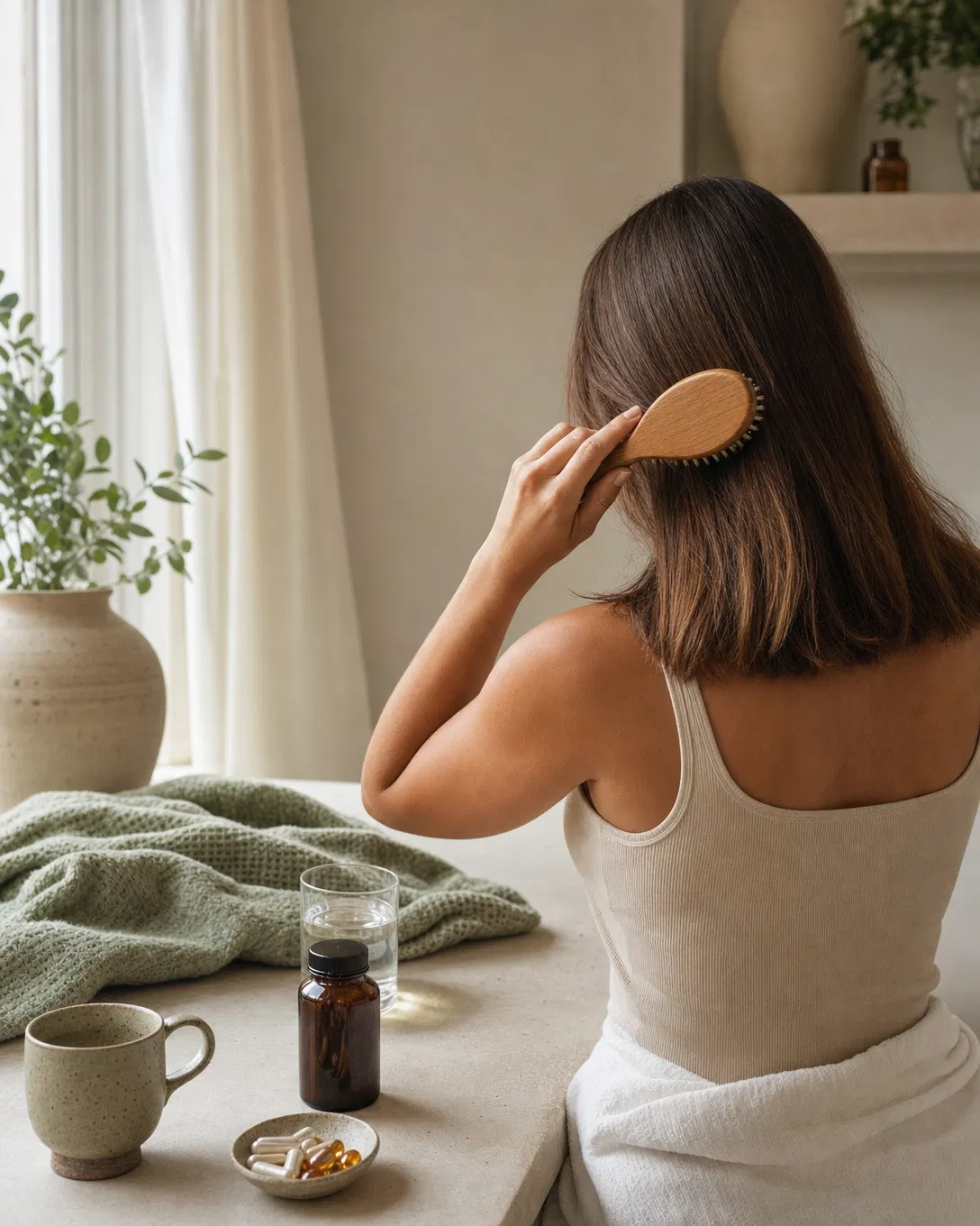 A calm wellness routine with a woman brushing her hair beside supplements and water