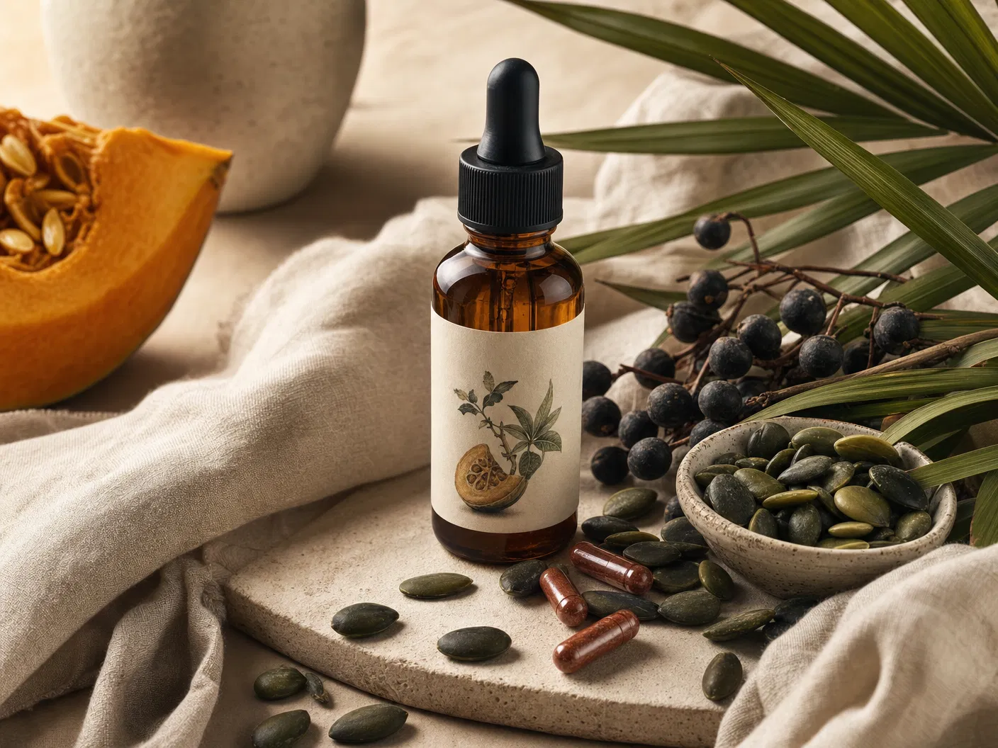 Pumpkin seed oil, saw palmetto berries, pumpkin seeds, and amber softgels