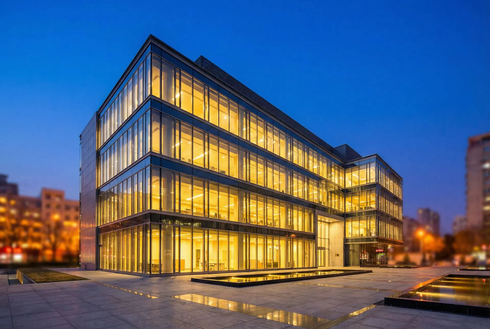 Premium commercial real estate building at dusk