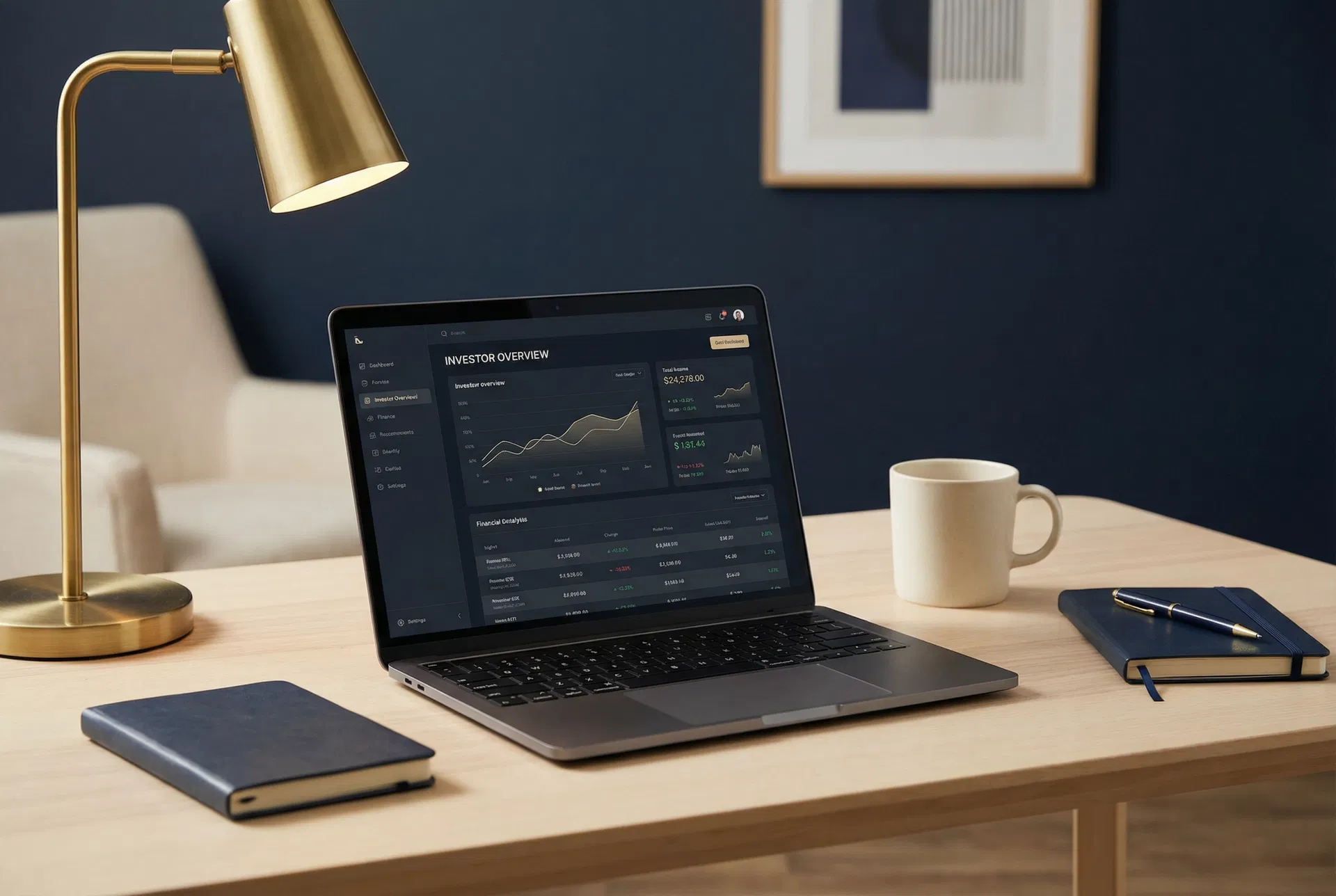 Professional investor workspace with software dashboard