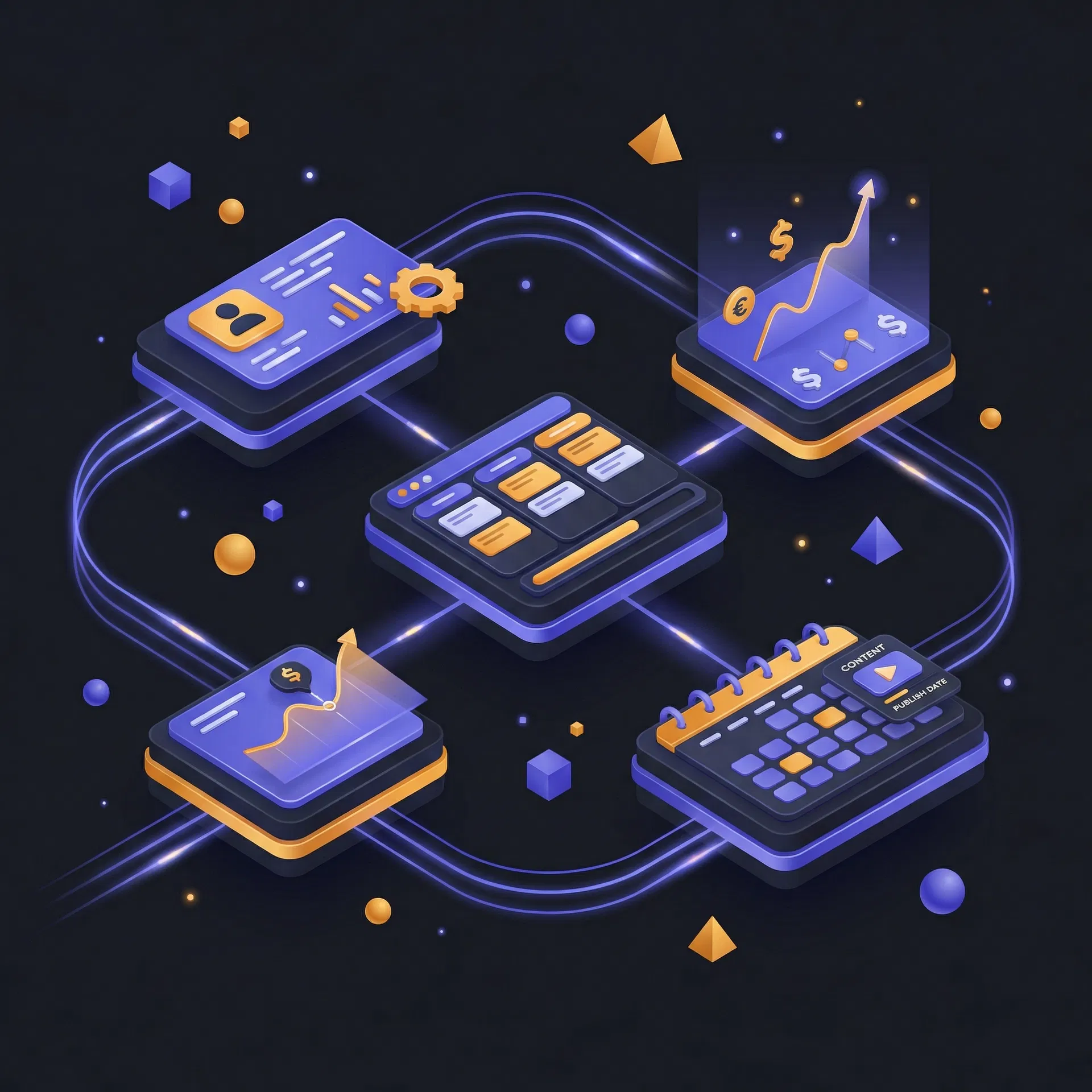 Interconnected AI workflow illustration showing CRM, projects, finances, and content