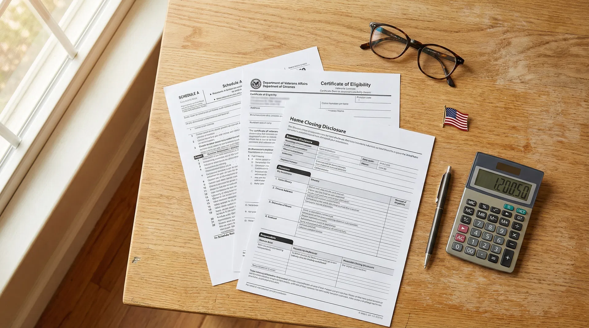 Tax documents and VA loan paperwork on a desk