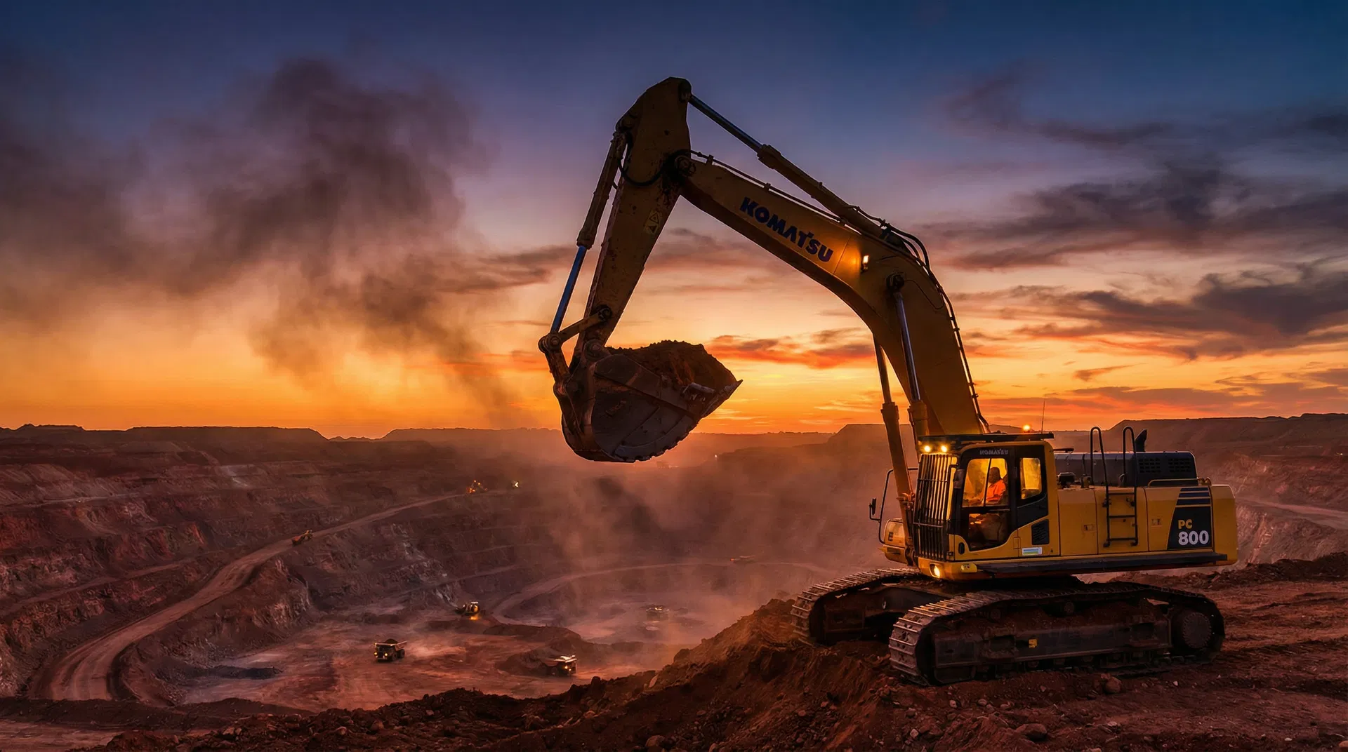 Komatsu excavator on Australian mining site at dusk