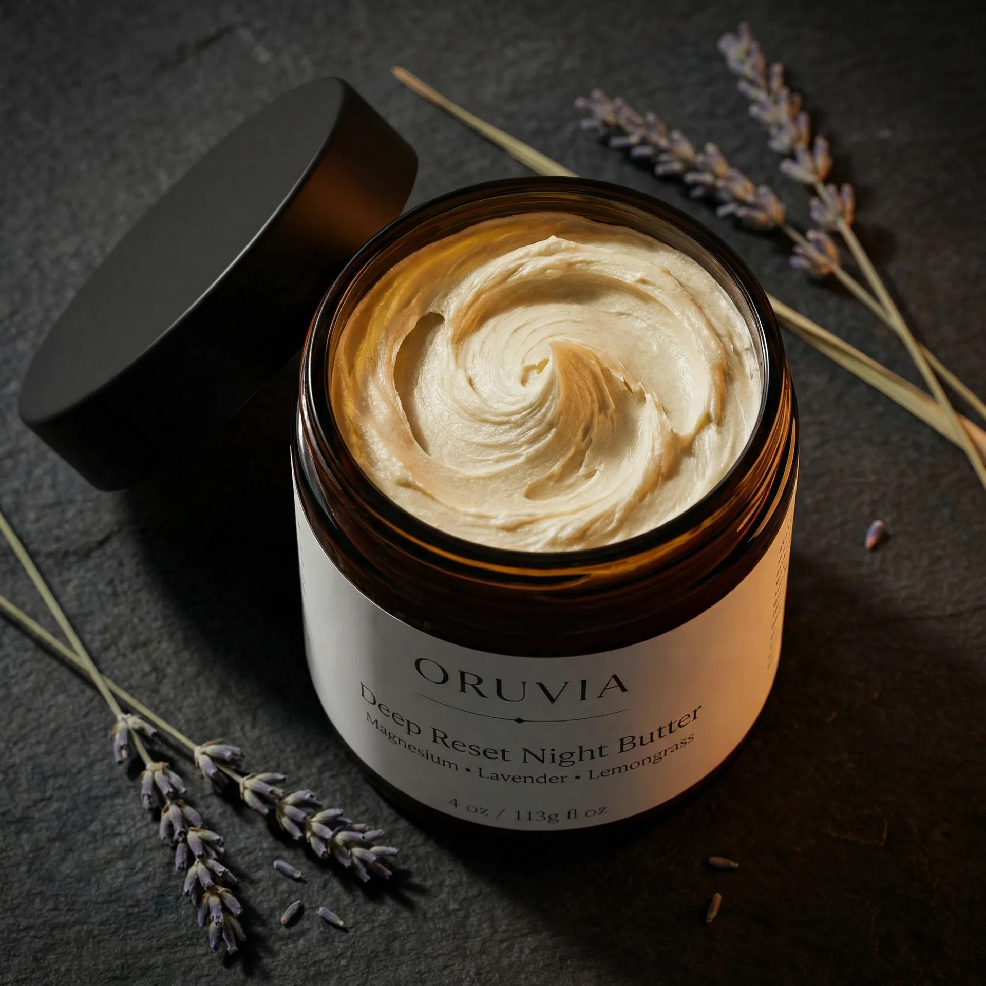 Oruvia jar — open, showing rich whipped balm texture