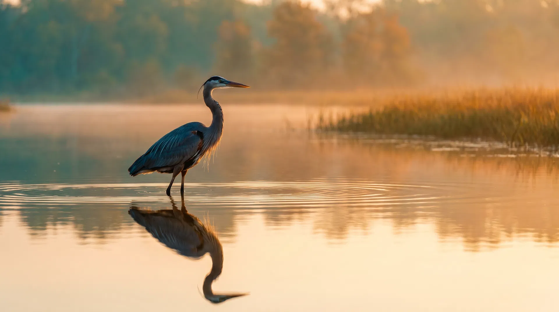 A majestic heron standing in calm water at golden hour