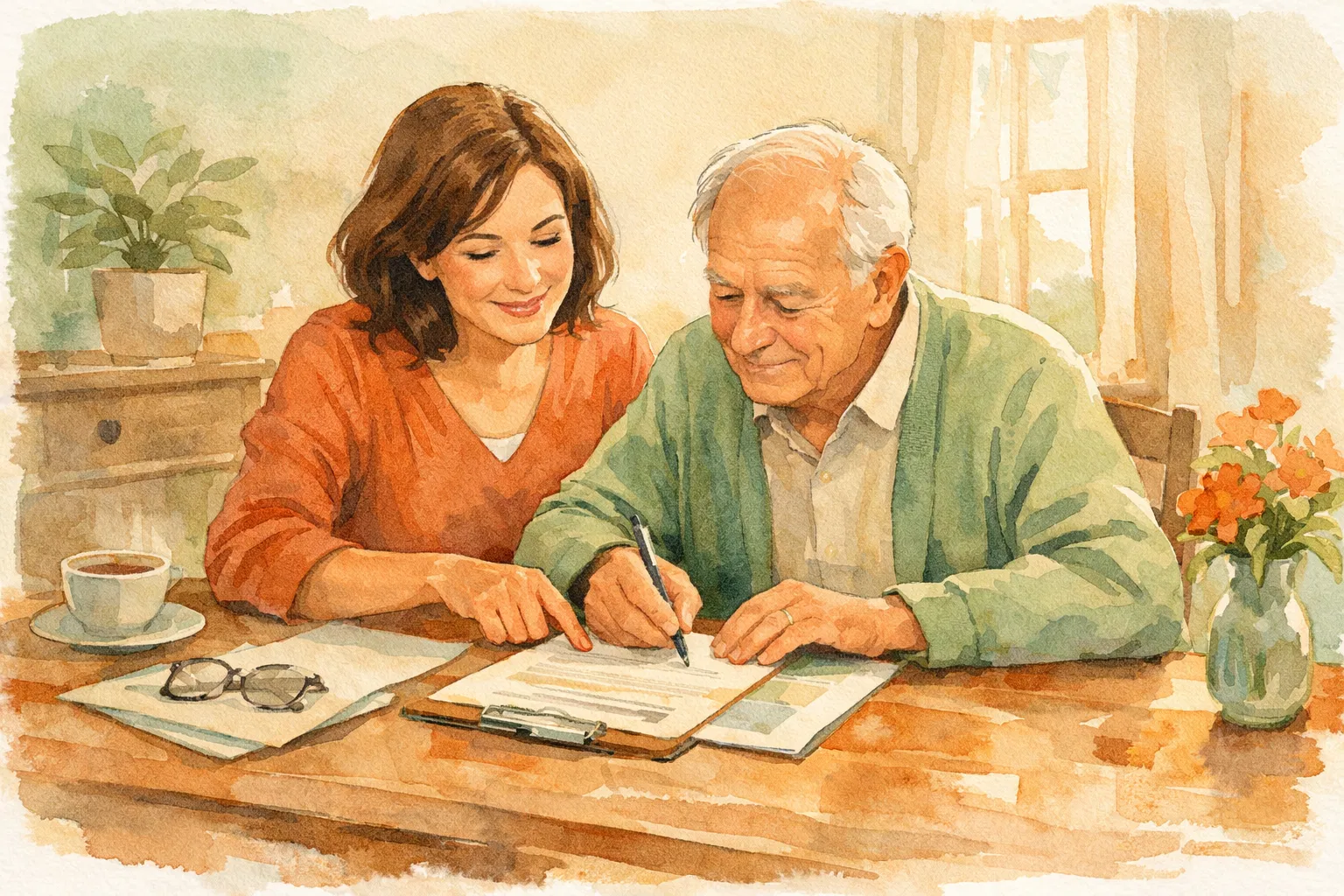 Familiar ajudando idoso com documentação