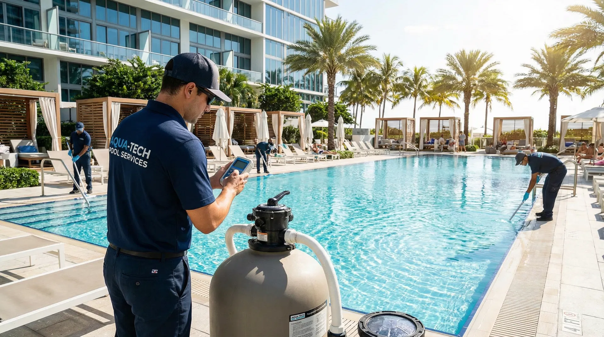 Professional commercial pool maintenance team at a luxury resort