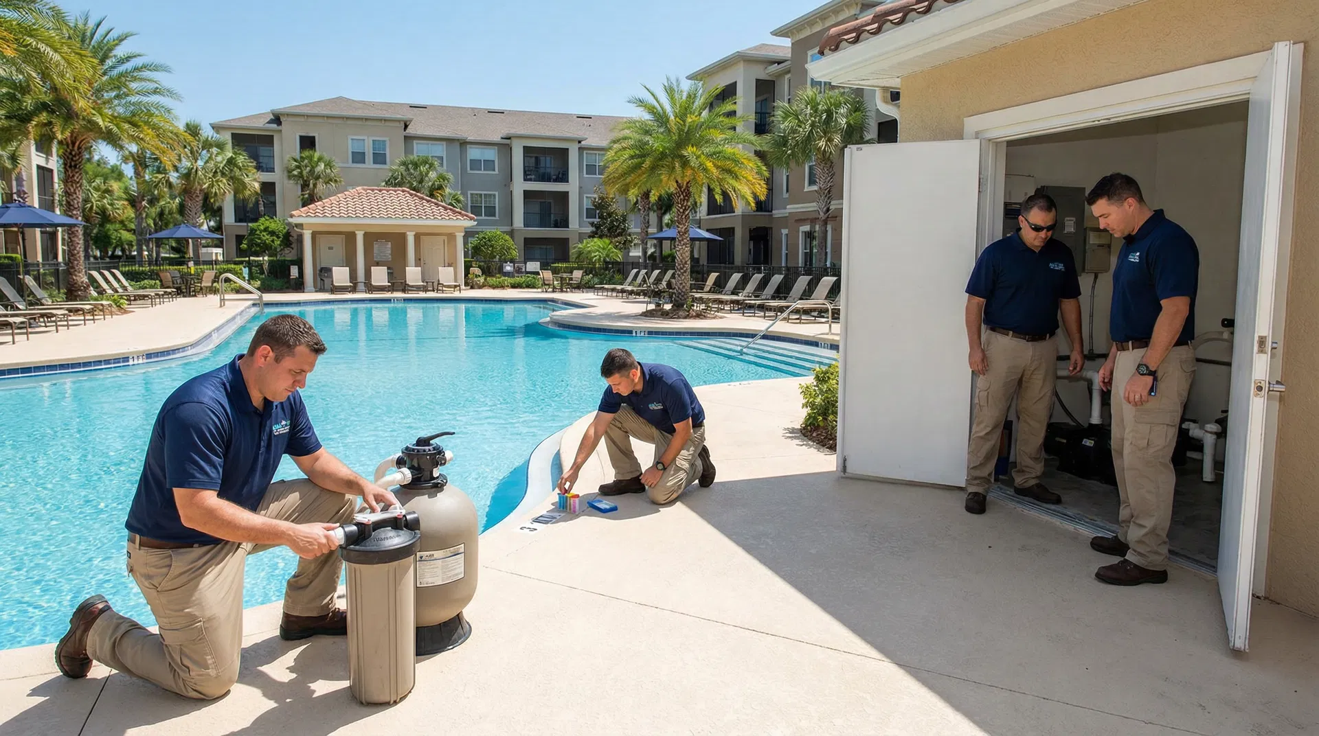 Commercial pool maintenance team working at apartment complex