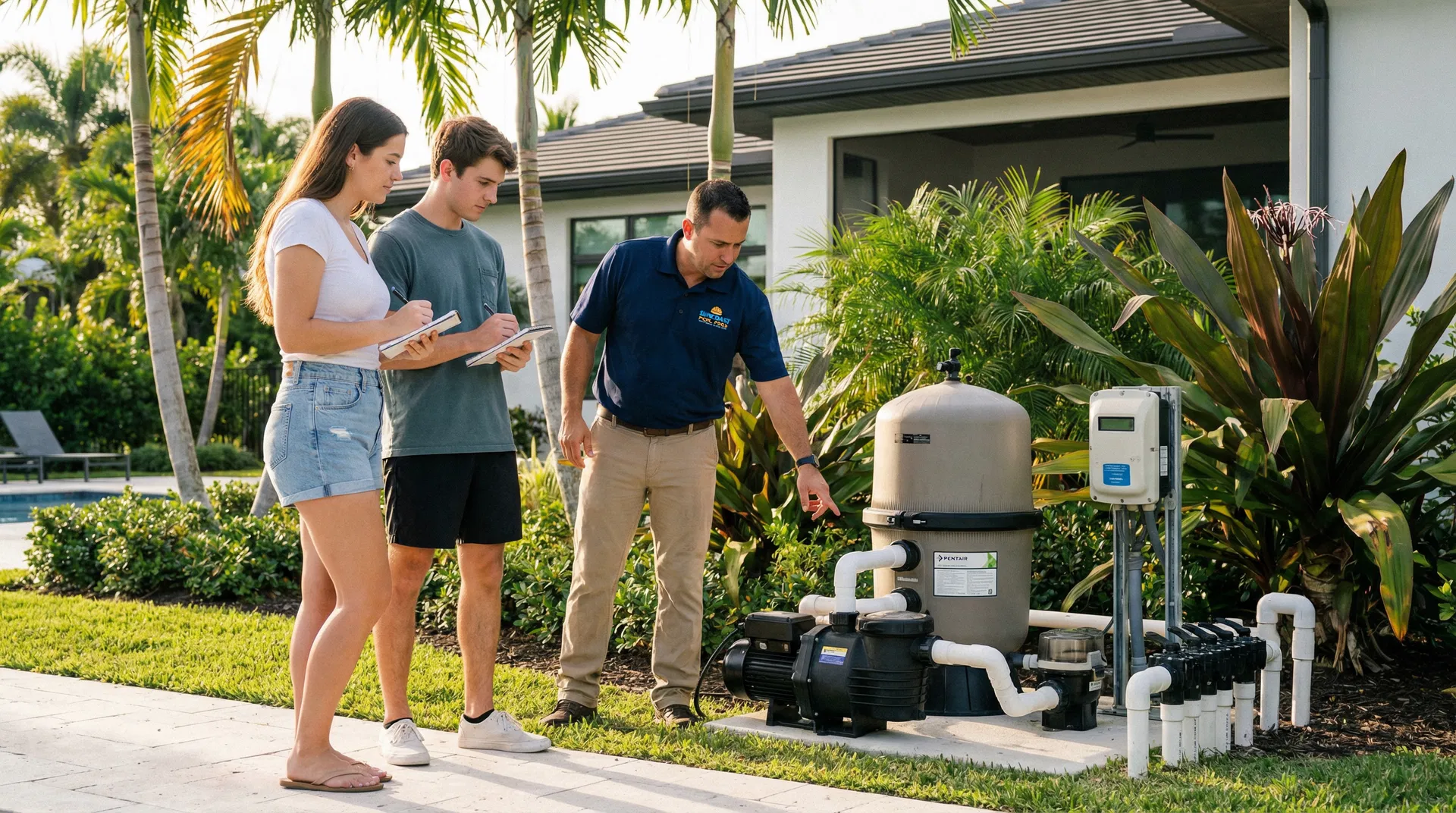 Pool technician teaching new homeowners about pool equipment