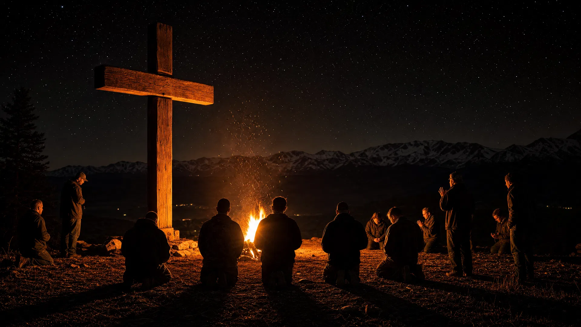 Men gathered around campfire with cross