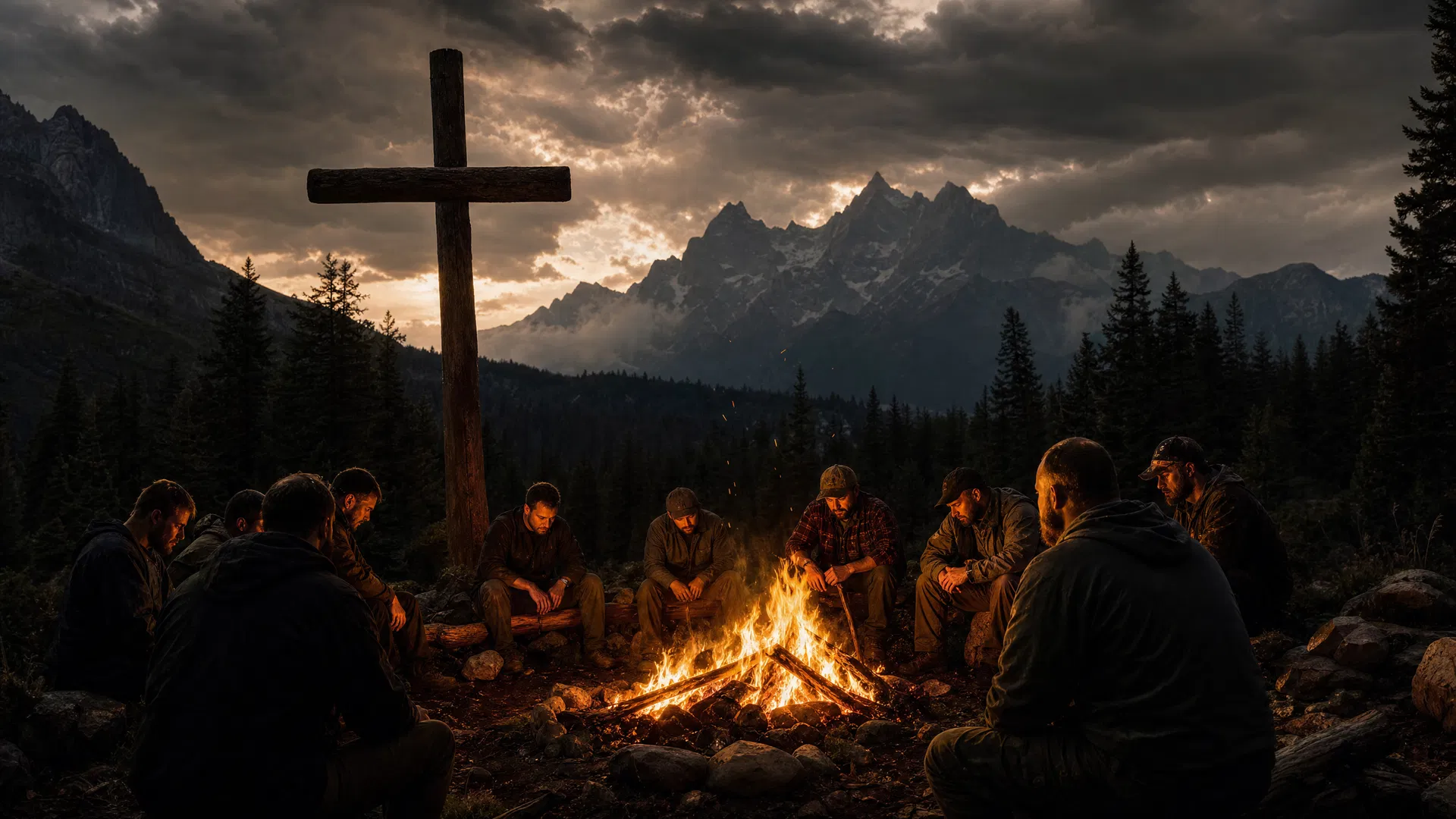 Men at campfire with cross