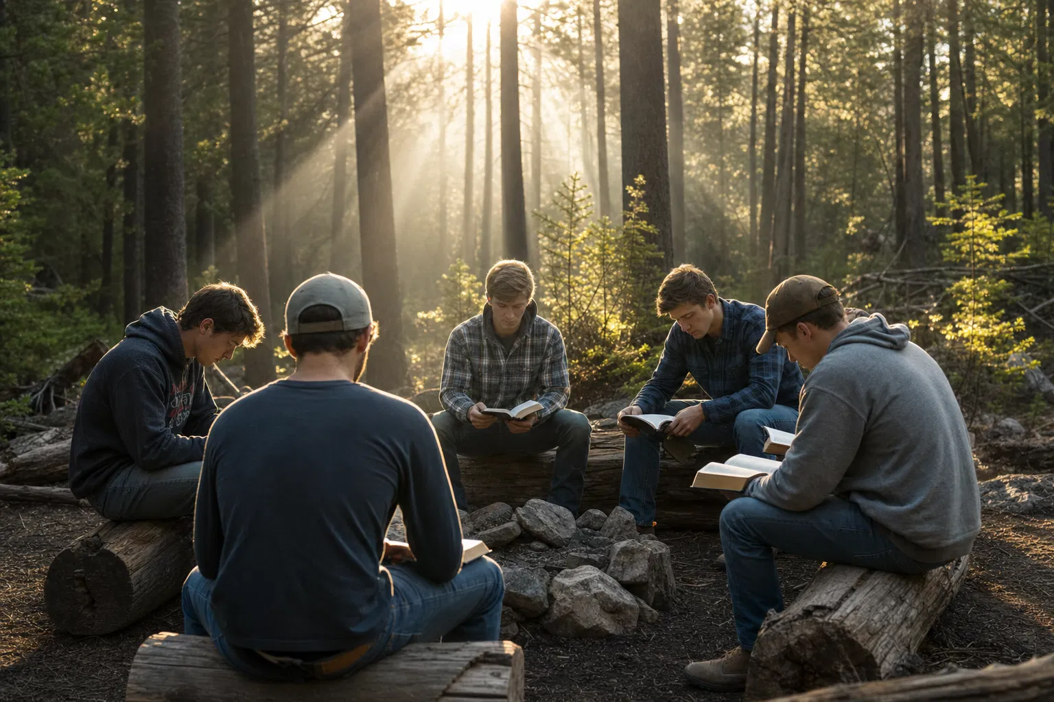 Men studying scripture in forest