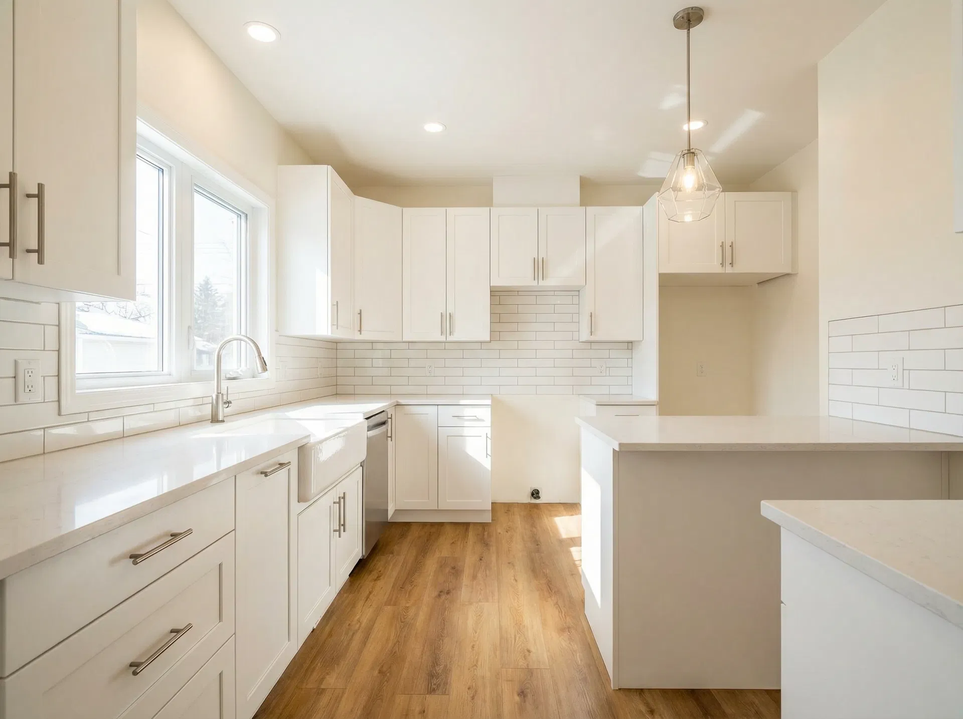 Kitchen — painted cabinets, new counters, subway tile backsplash, LVP floors — After