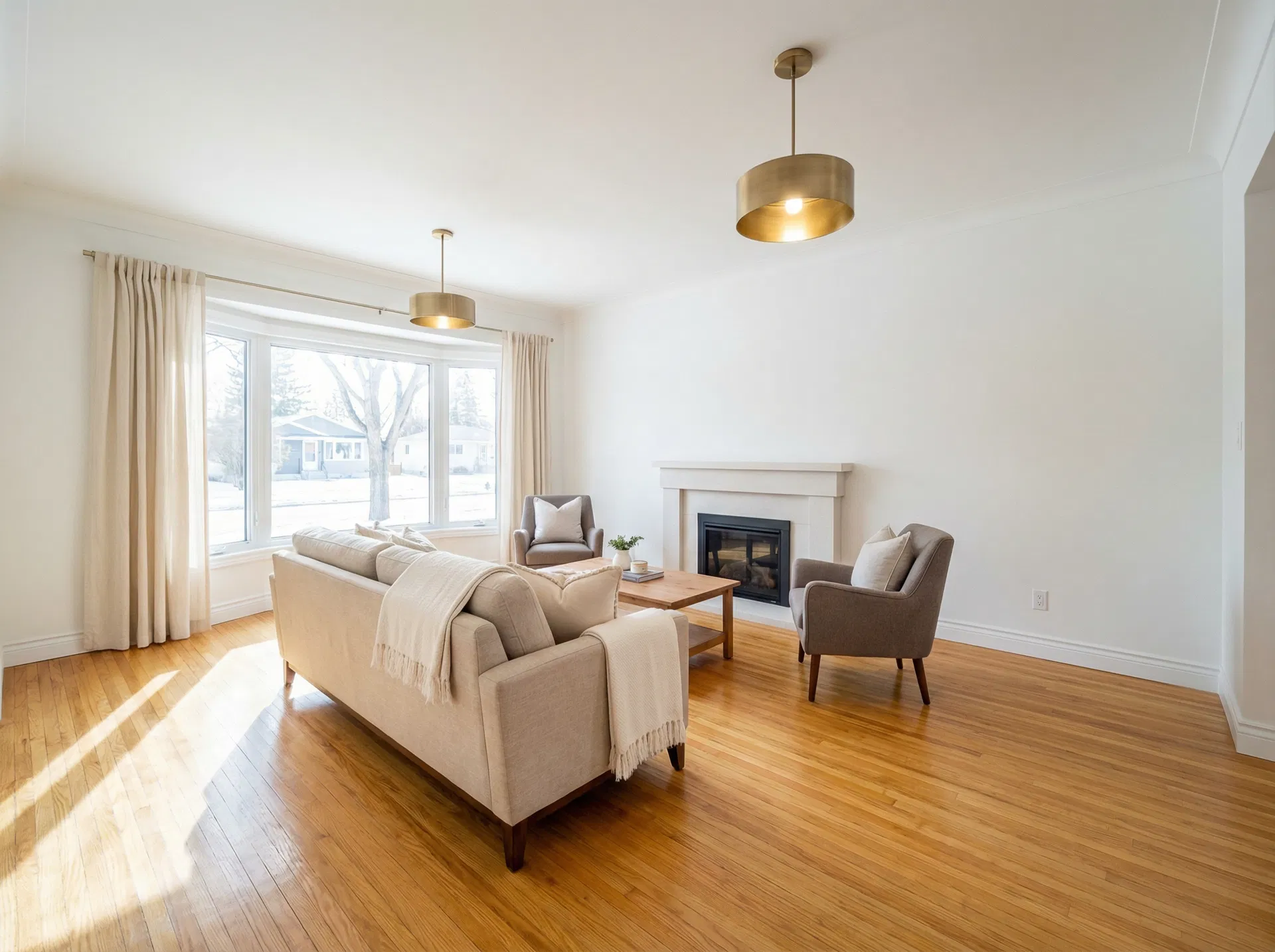 Living room — wallpaper removed, fresh paint, refinished hardwoods — After