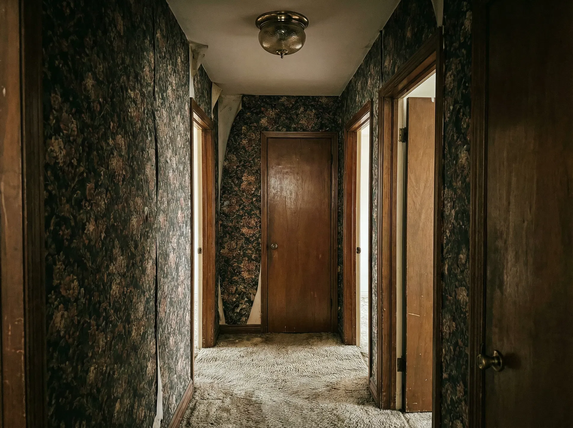 Hallway — wallpaper removed, hardwoods refinished, new trim & paint — Before