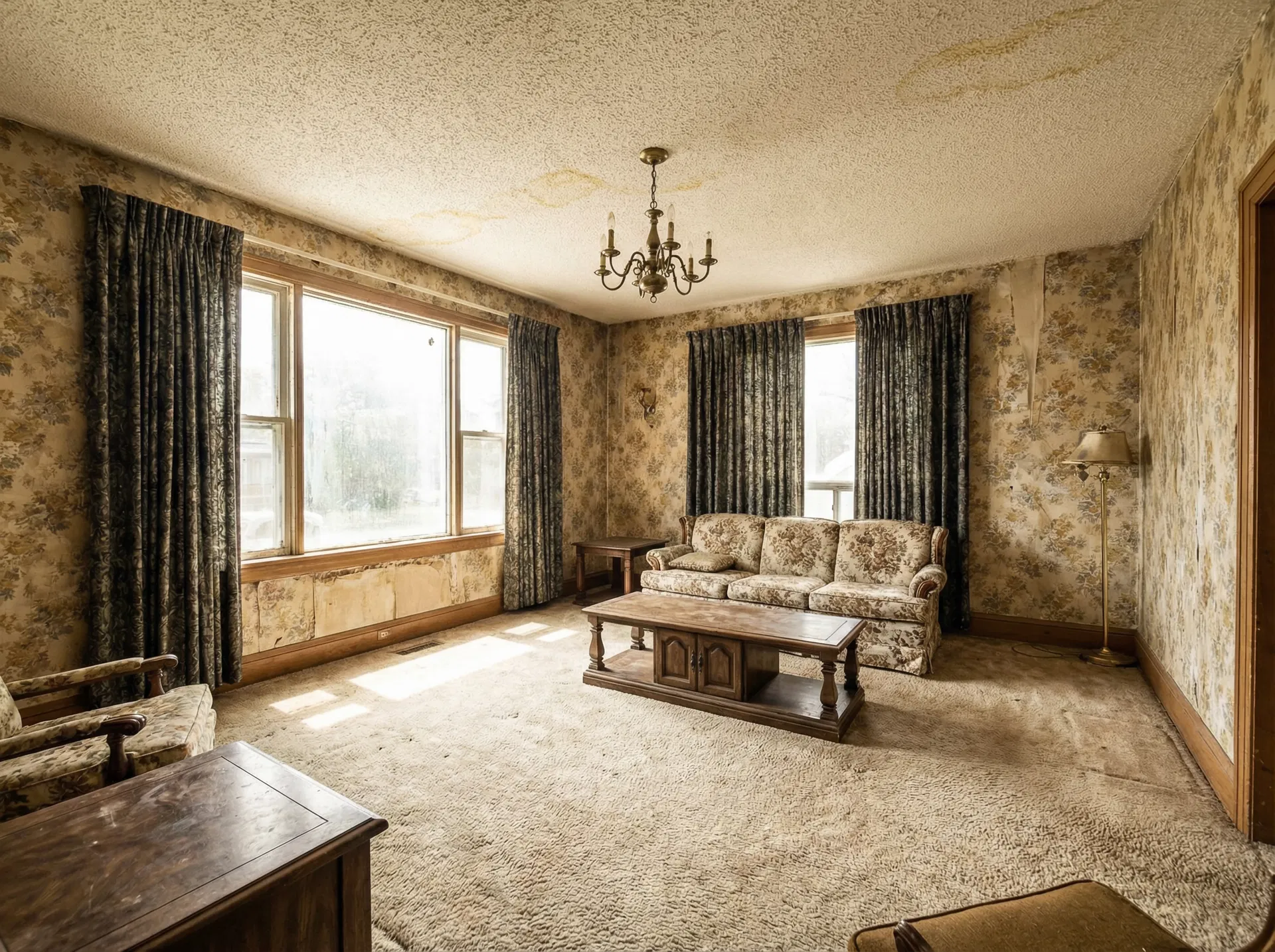 Living room — wallpaper removed, fresh paint, refinished hardwoods — Before