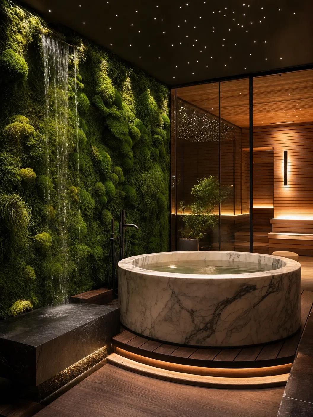Spa with moss wall and soaking tub