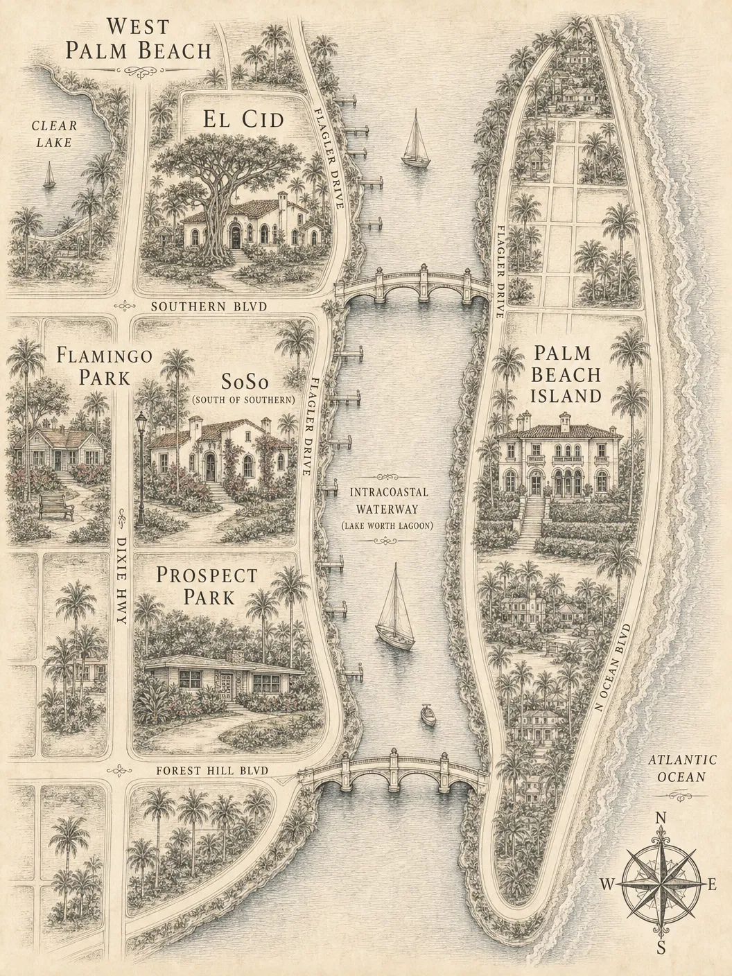 Illustrated map of Palm Beach and West Palm Beach neighborhoods
