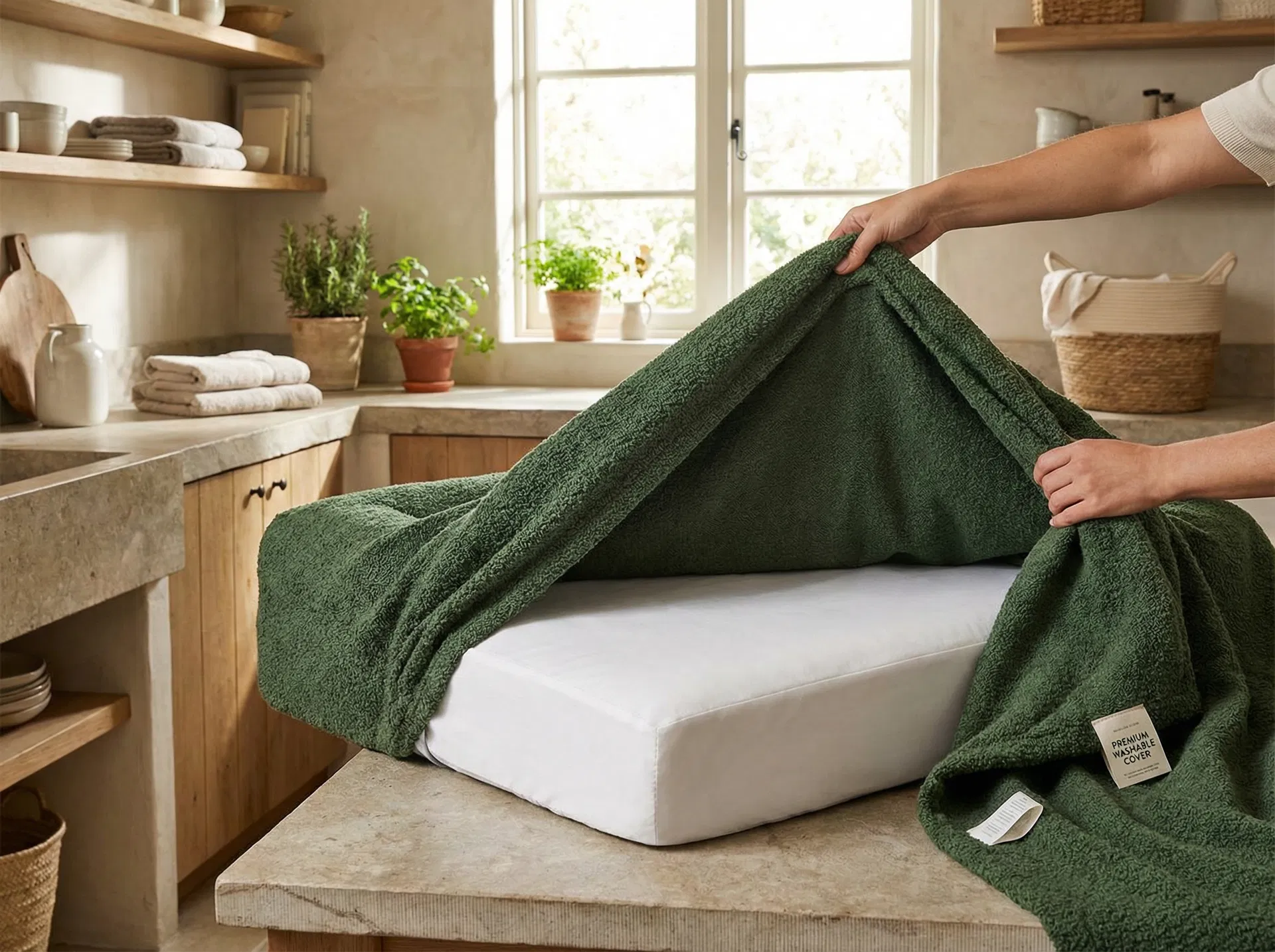 Premium forest green bouclé dog bed cover being removed, showing clean white waterproof liner underneath