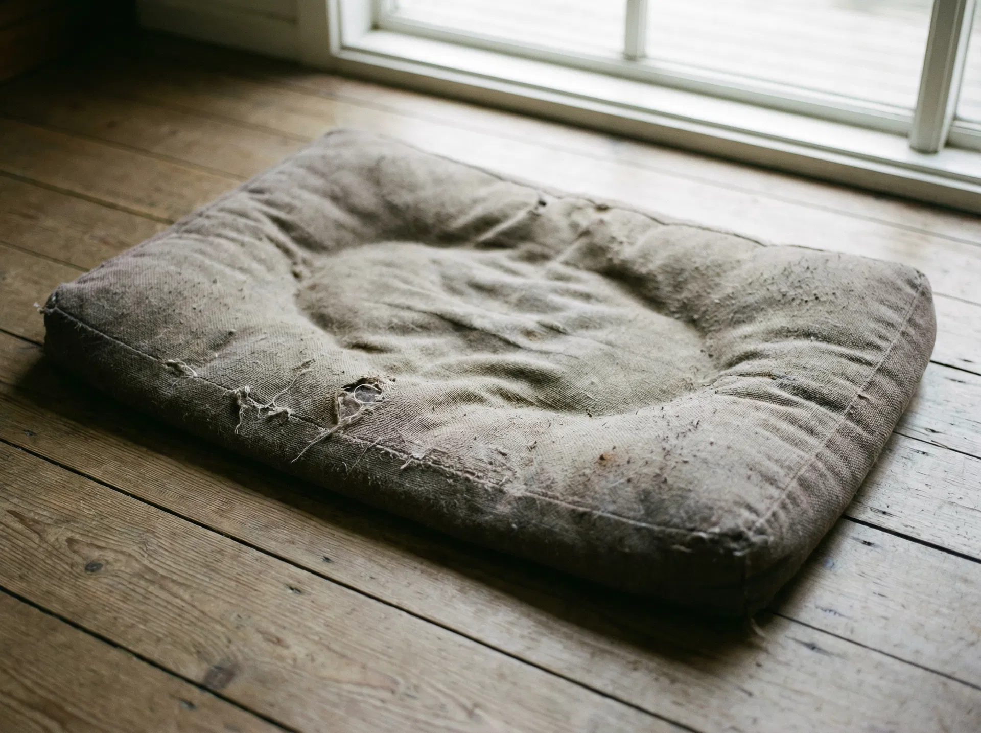 A worn-out, flattened cheap dog bed on timber floorboards — the foam has completely collapsed