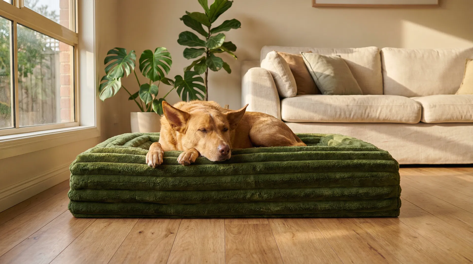 Older golden dog sleeping peacefully on a forest green Dazy Dog orthopaedic bed in a warm Australian living room