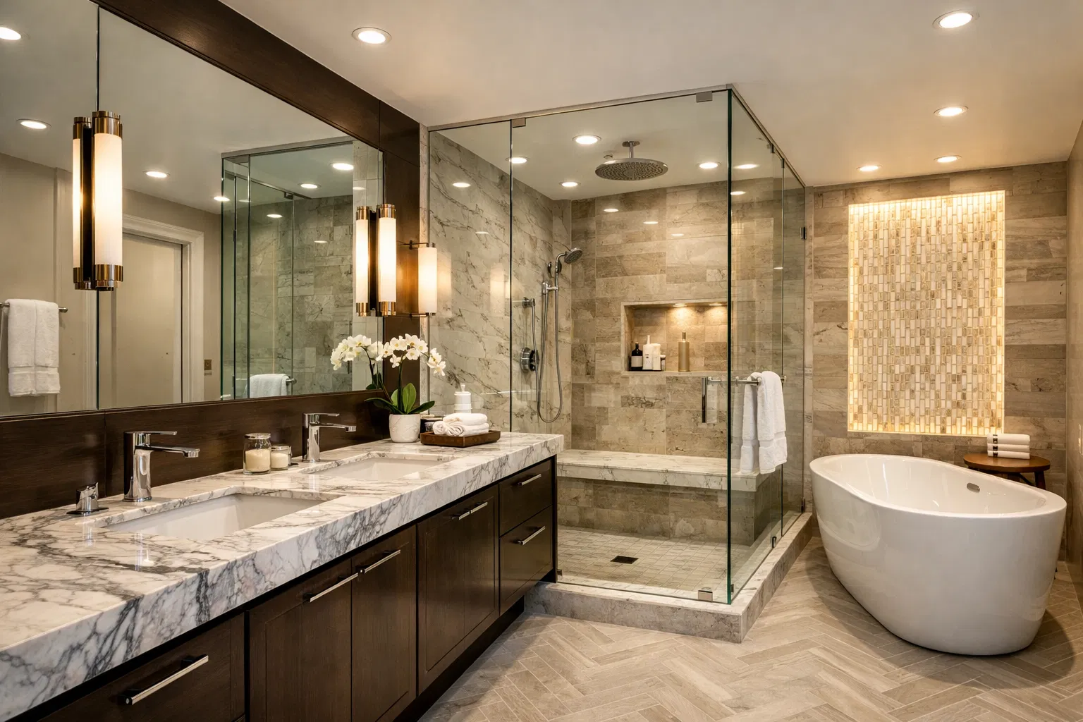 Luxury bathroom remodel with marble countertops and frameless glass shower - quality craftsmanship by ICDC Development
