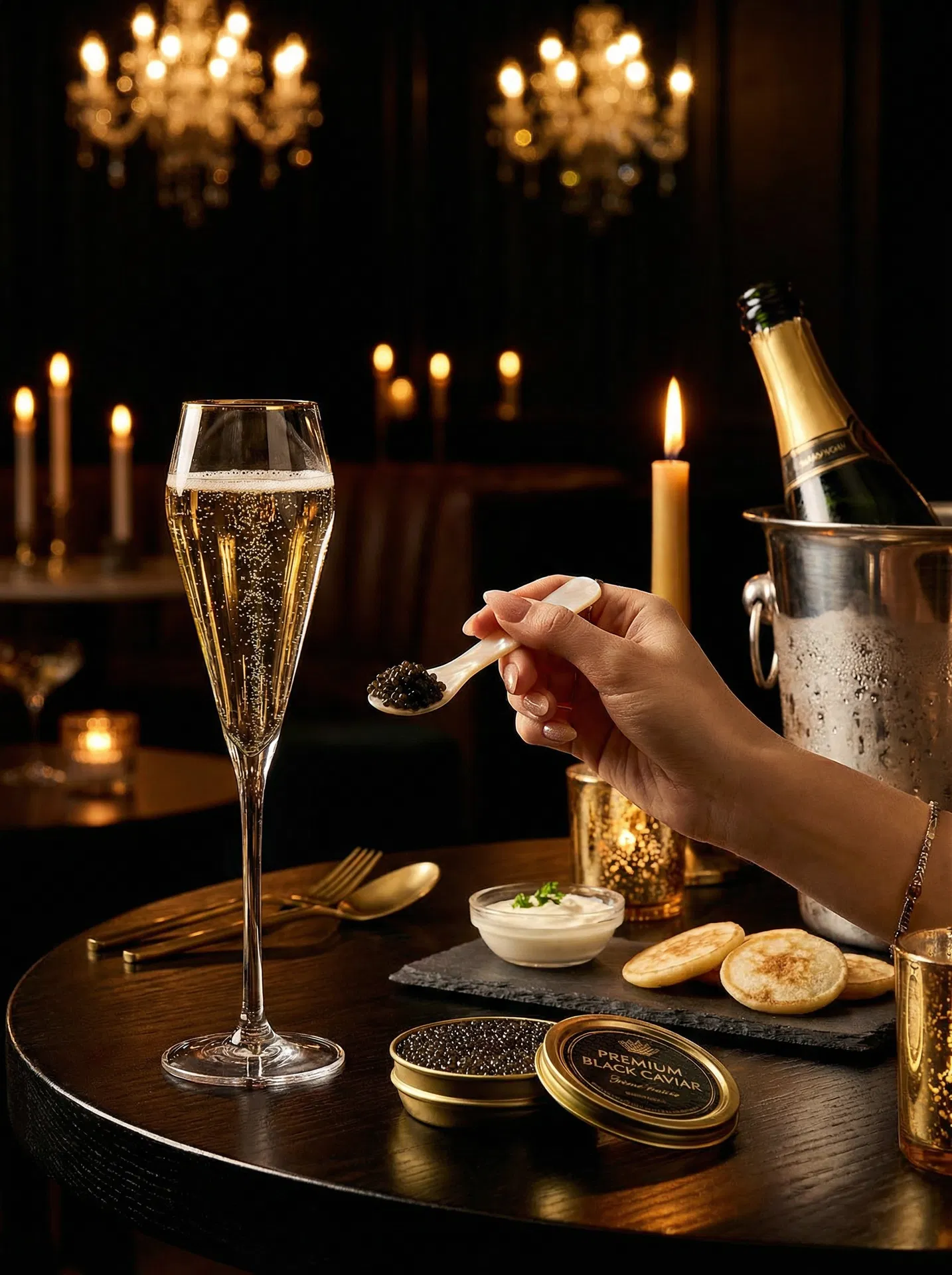 Champagne and caviar bumps celebration