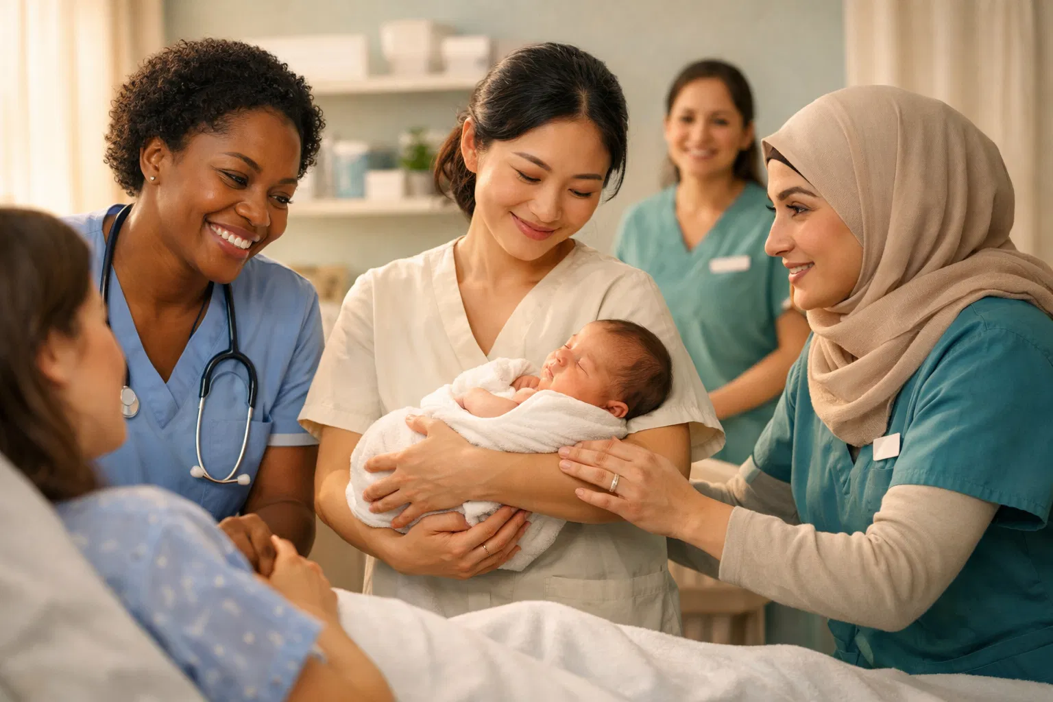 Diverse nurses and midwives connecting globally
