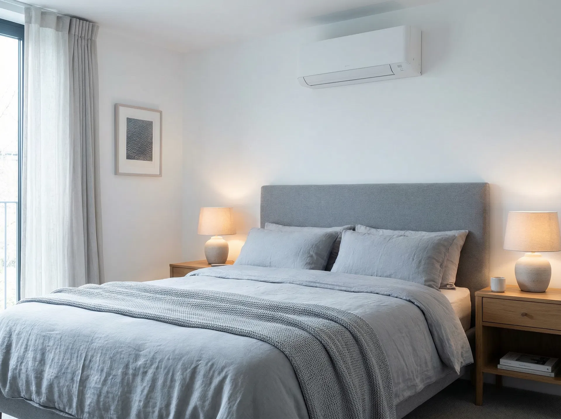 Wall-mounted air conditioning unit in a modern British bedroom