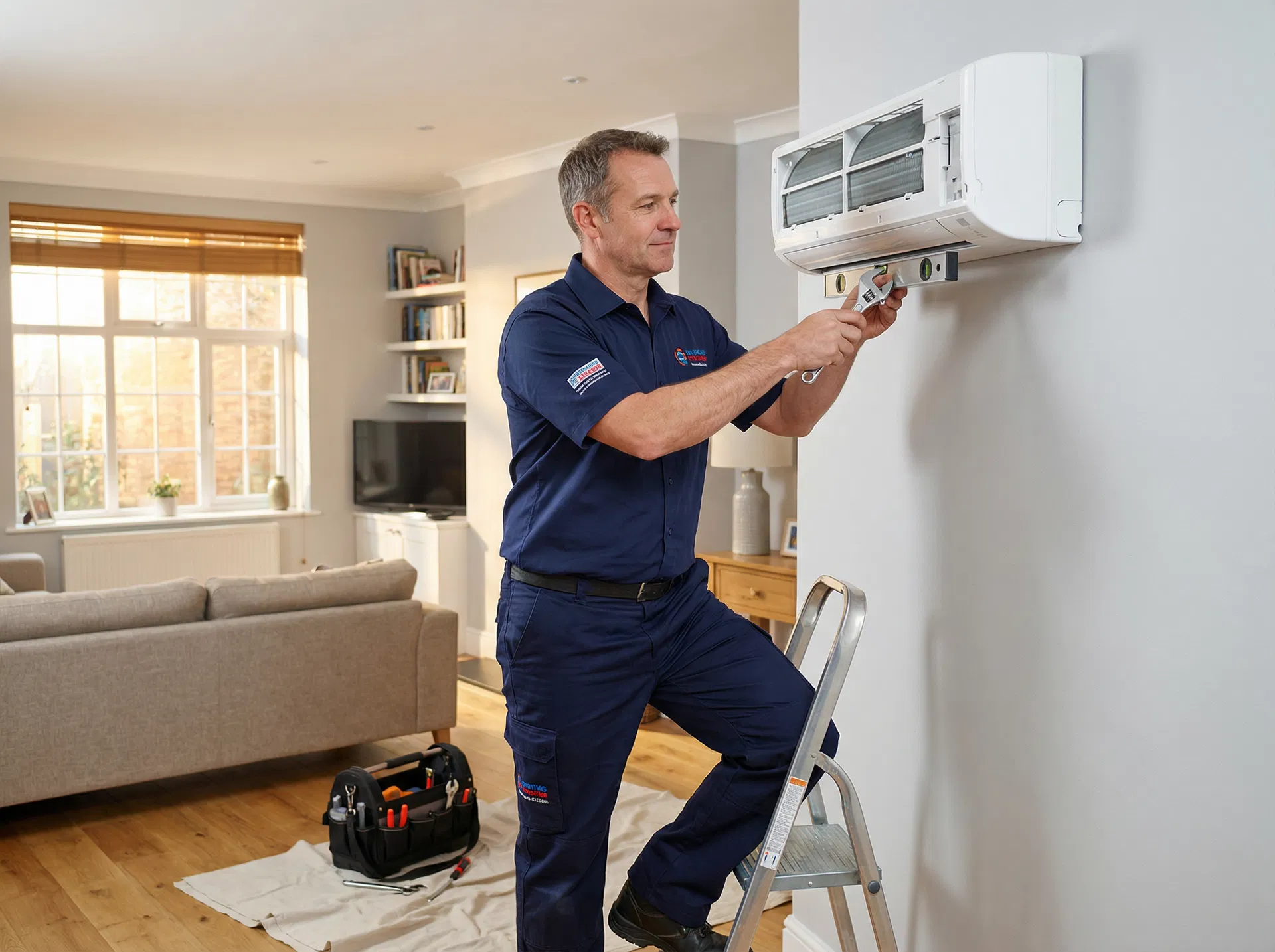 Air conditioning engineer installing a unit in Woking