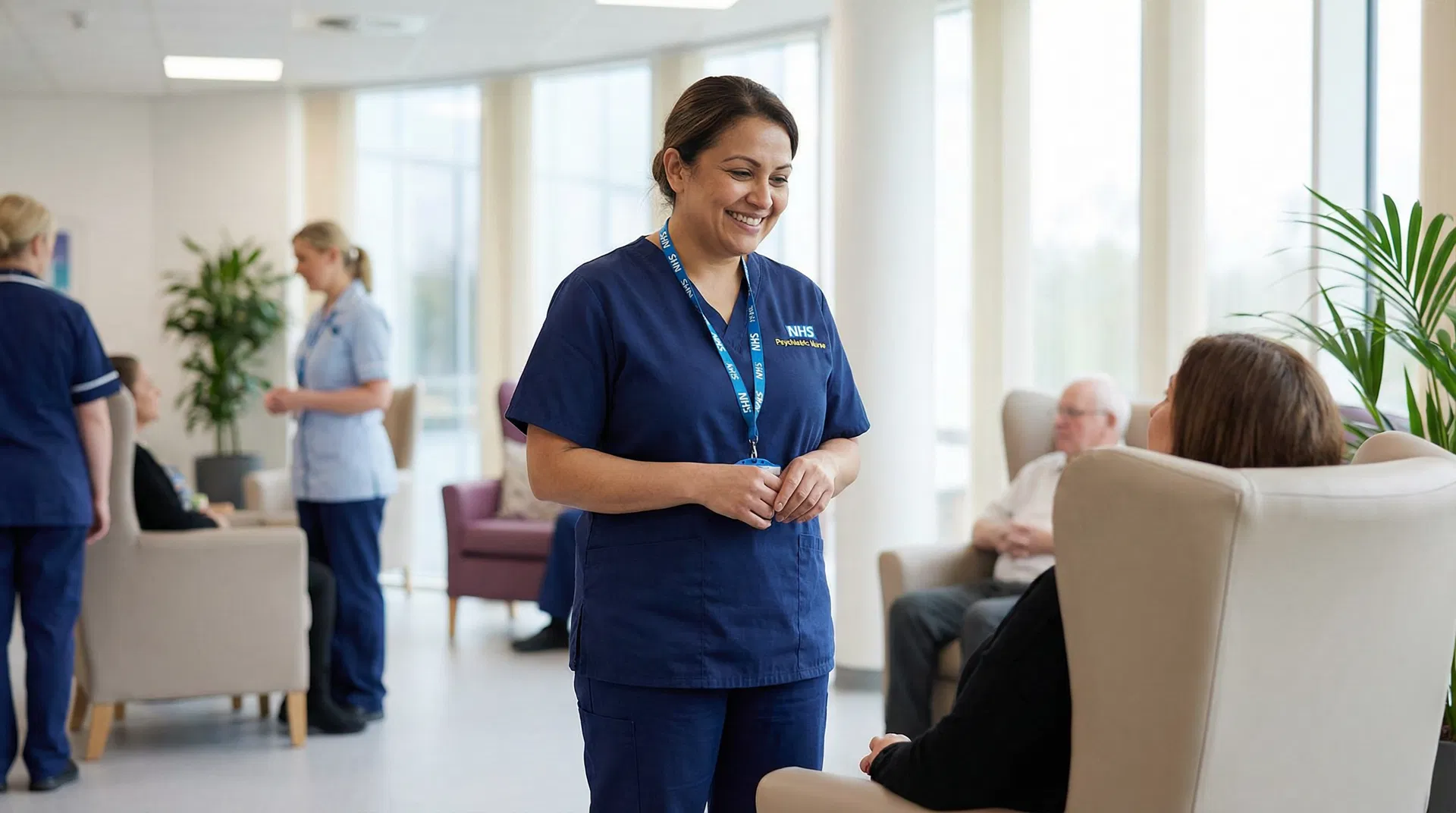 Psychiatric nurse in an NHS ward speaking with a patient