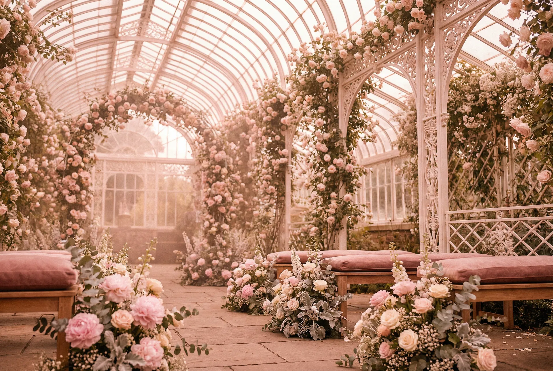 Lush rose conservatory in soft blush pinks