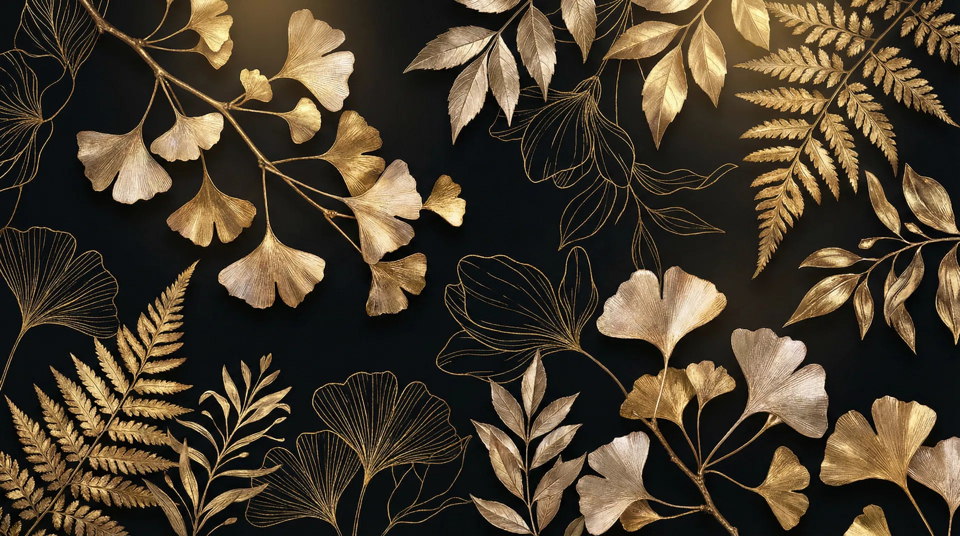 Golden botanical arrangement on black background
