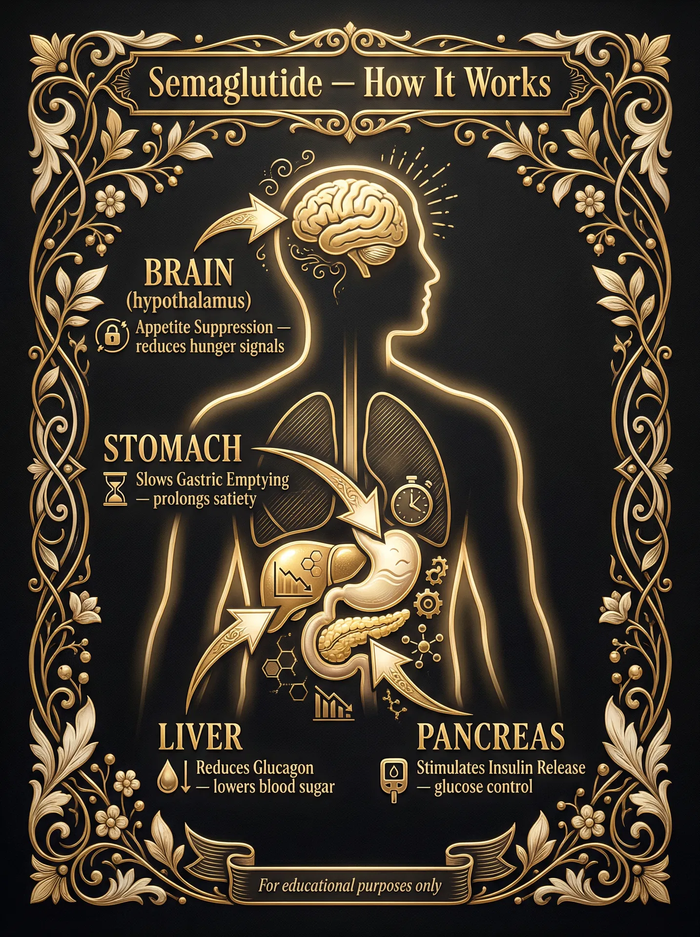 Semaglutide mechanism of action diagram showing effects on brain, stomach, pancreas and liver