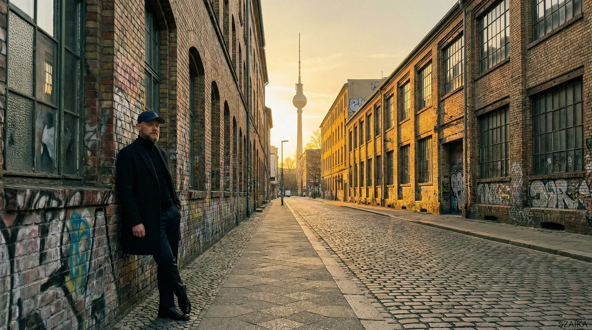 Berlin industrial streets at golden hour
