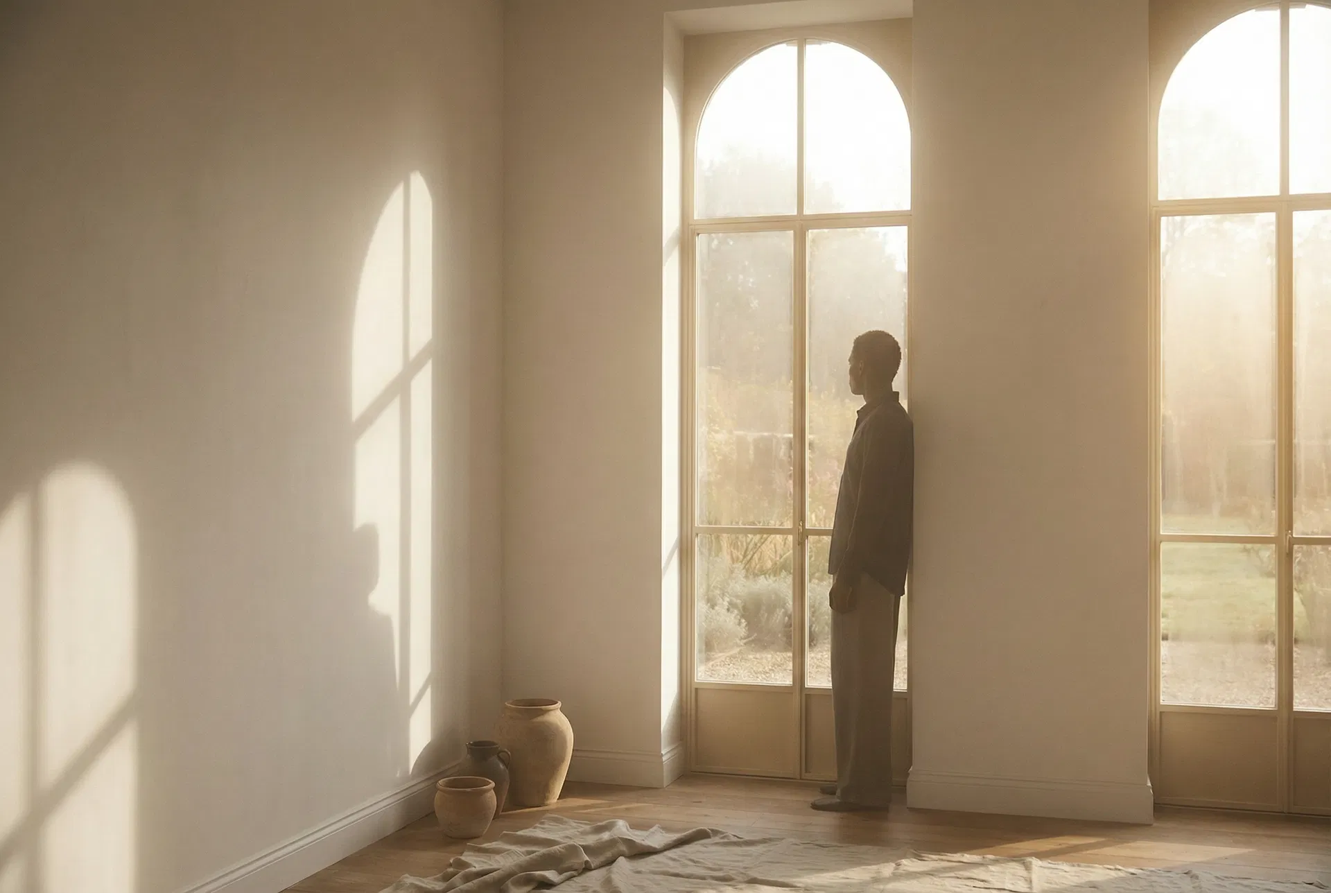 Hands holding a warm cup of coffee near a bright morning window with golden sunlight