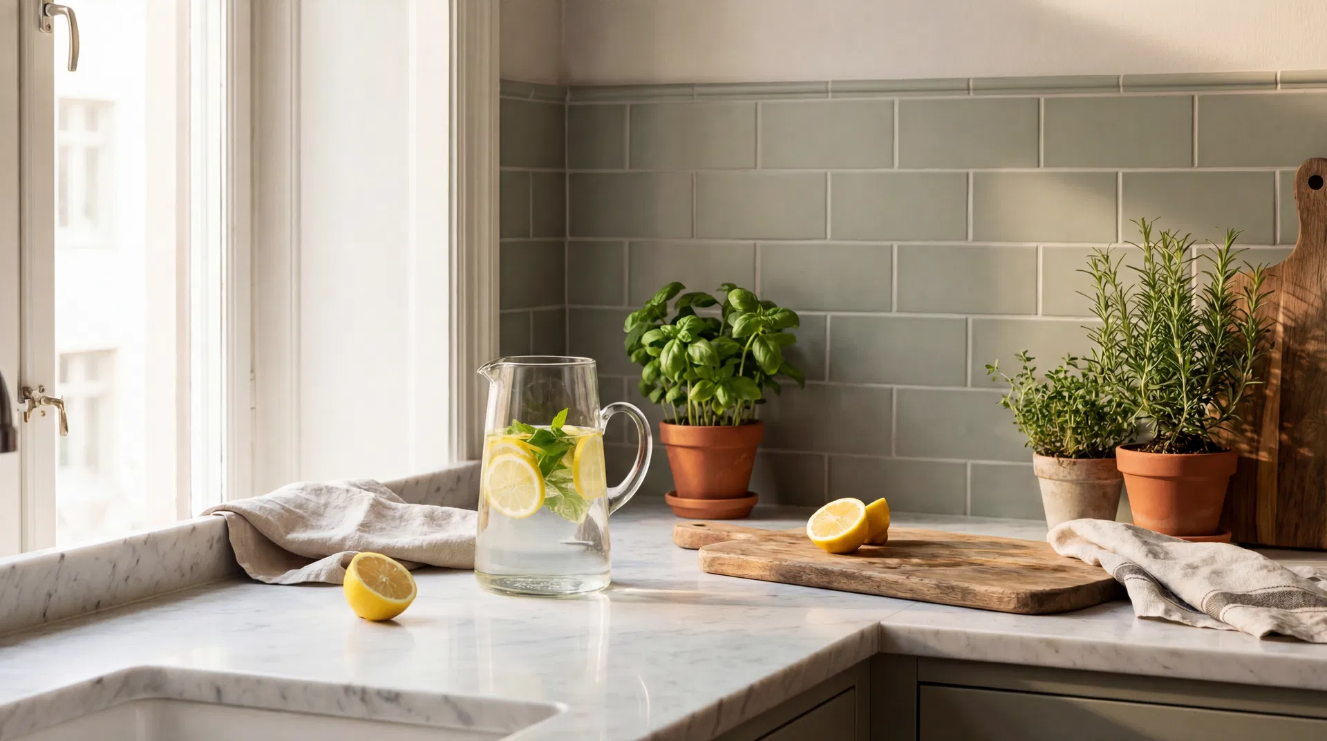 A clean, well-lit kitchen with fresh water and herbs — the kind of environment that supports health