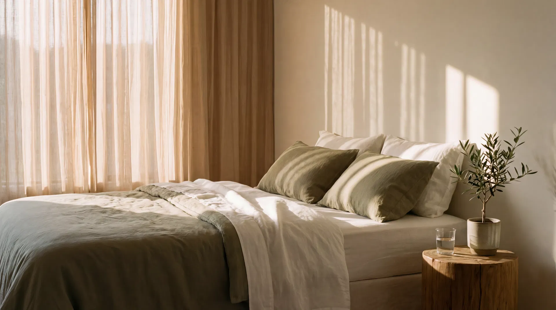 A calm, well-designed bedroom environment with natural light