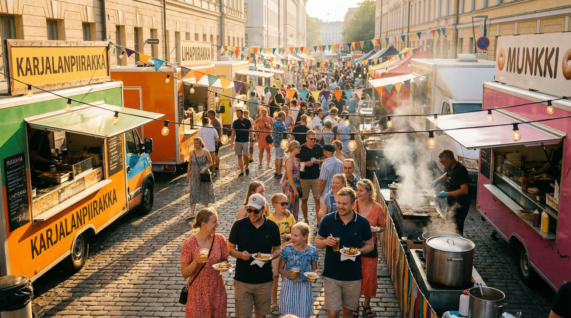 Katuruokakarnevaalit – iloinen väkijoukko katuruokatapahtumassa
