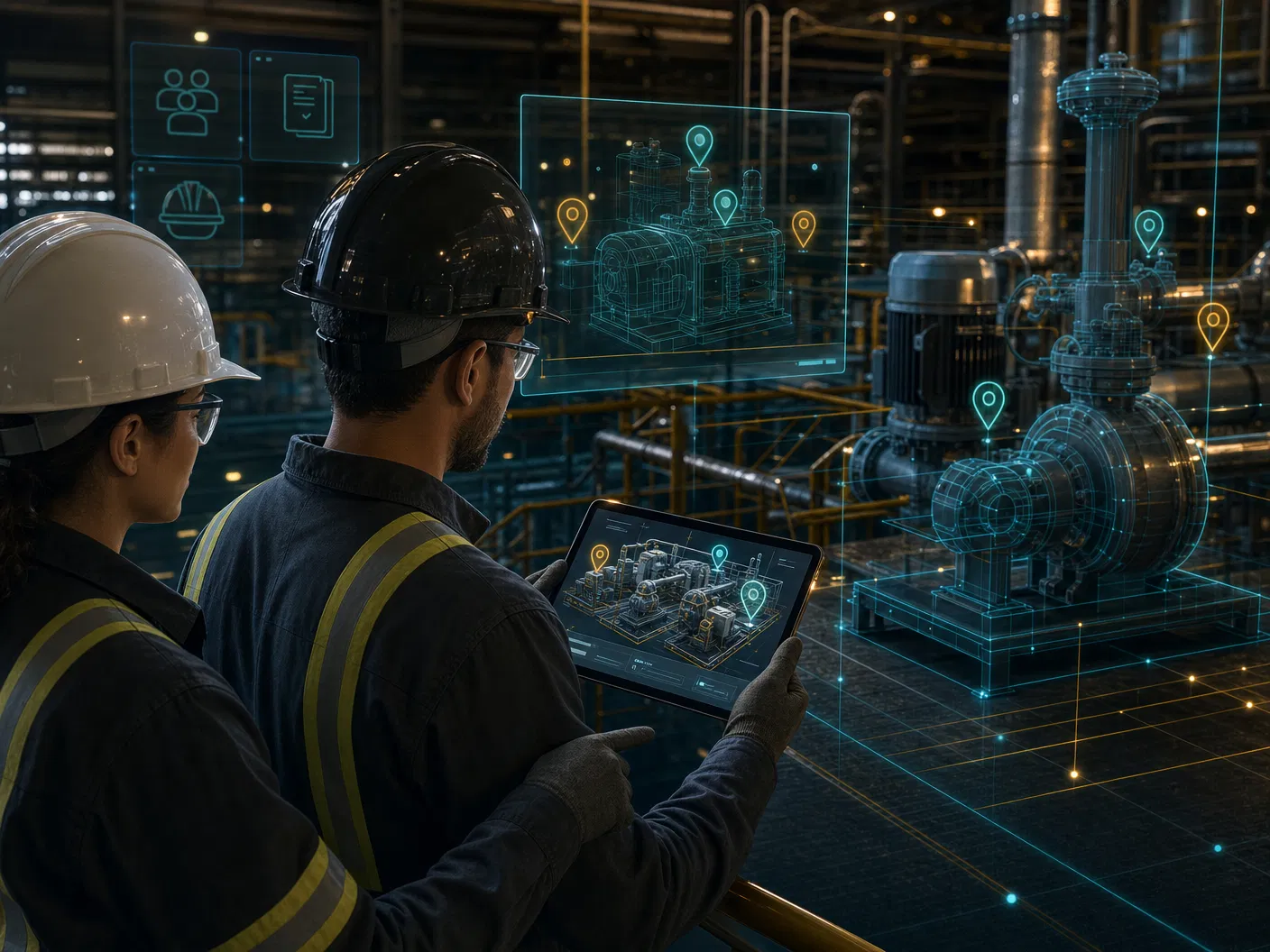Onsite team reviewing tagged digital twin on a tablet