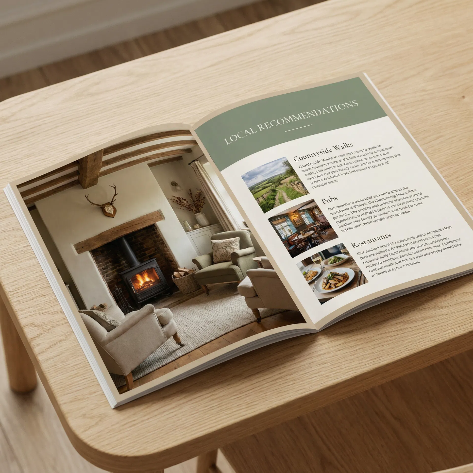 Open welcome guidebook showing local recommendations page with countryside walks, pubs, and restaurants