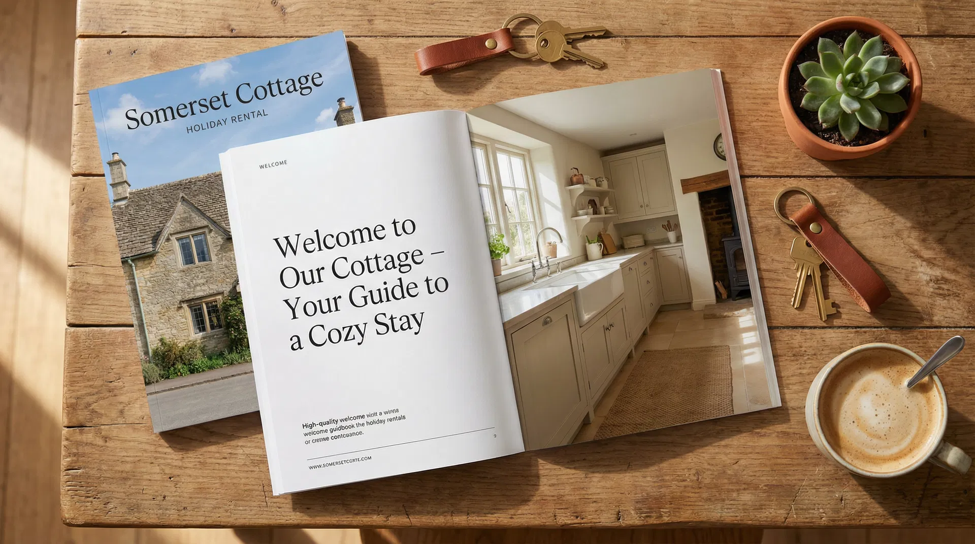 Beautifully designed Airbnb welcome guidebook with property photography, keys, and coffee on a wooden table