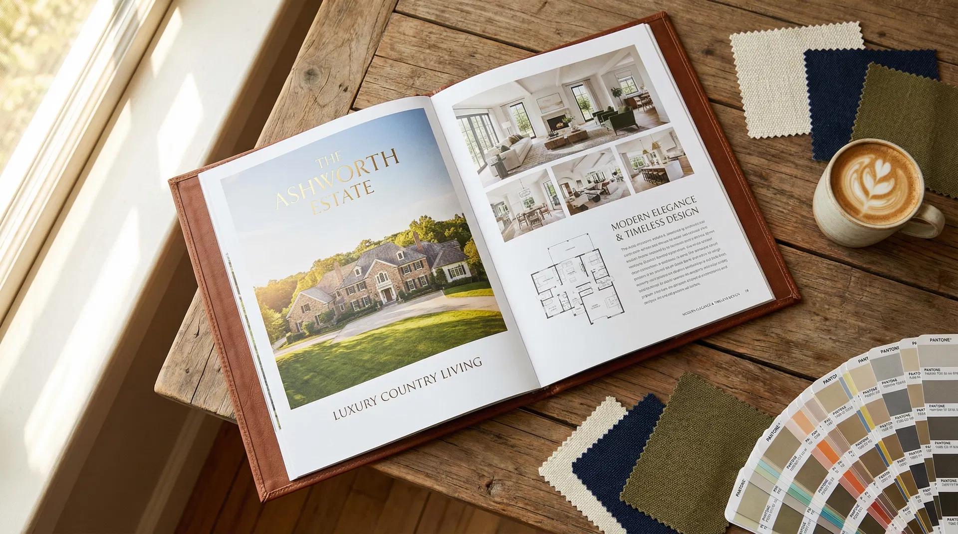 Luxury property marketing brochure with Pantone swatches and design proofs